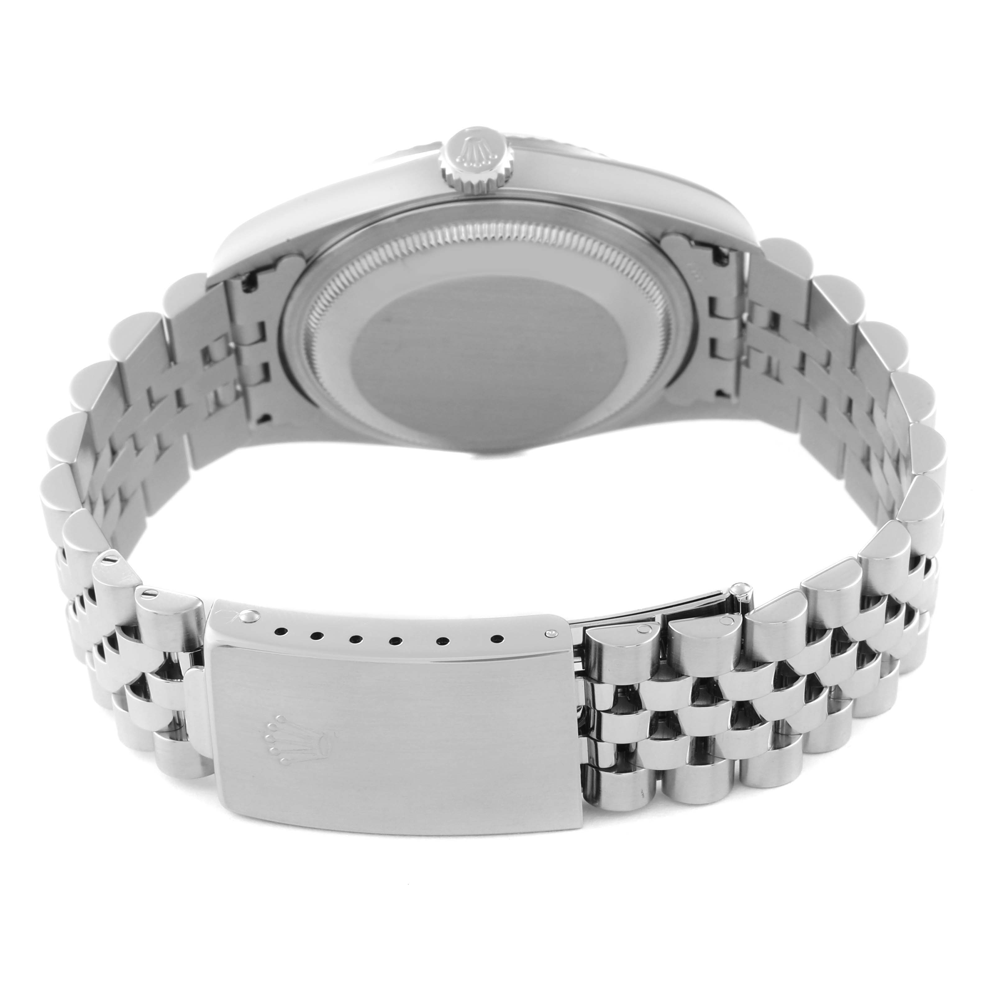 The image shows the back and bracelet of a Rolex Datejust 16234 Men's Stainless Steel Silver Dial 16234 Men's Stainless Steel Silver Dial watch, highlighting the clasp and case back.