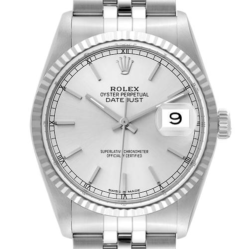 The image shows a front view of the Rolex Datejust, highlighting its dial, bezel, hands, date display, and part of the bracelet.