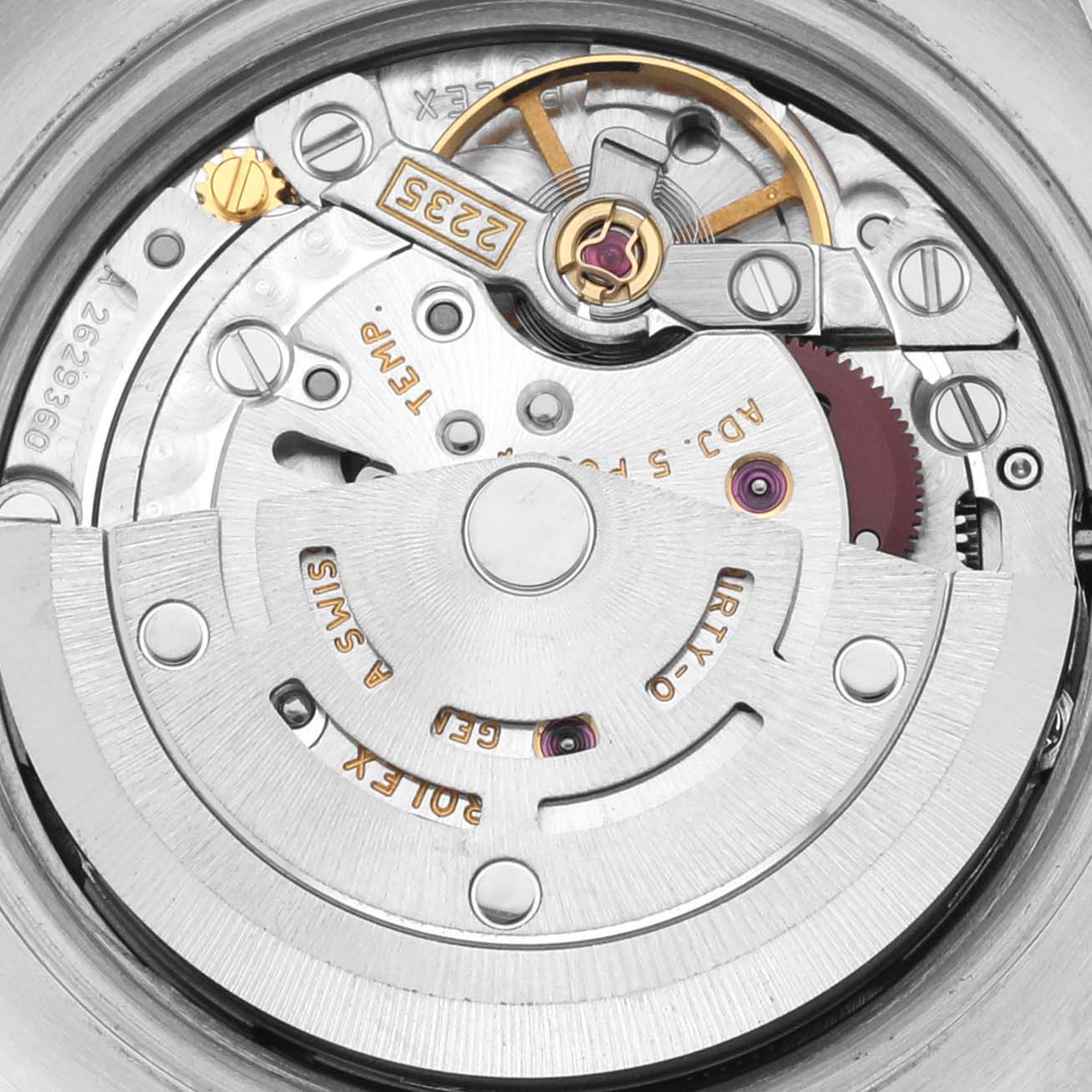 This close-up photo shows the intricate movement and internal parts of the Rolex Datejust 179171 Women's Steel and Gold (two tone) White Dial 179171 Women's Steel and Gold (two tone) White Dial watch model.