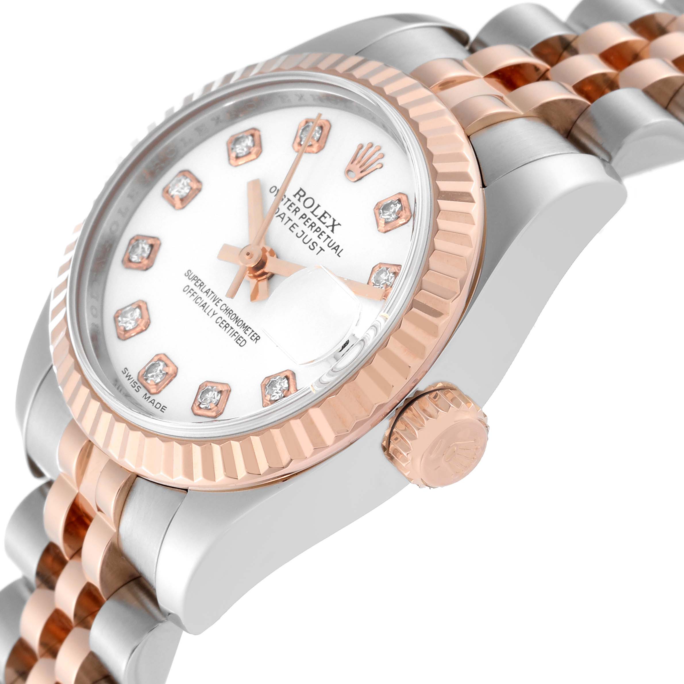 The image shows a Rolex Datejust 179171 Women's Steel and Gold (two tone) White Dial 179171 Women's Steel and Gold (two tone) White Dial model watch at a slight angle displaying the dial, crown, bezel, and part of the bracelet.