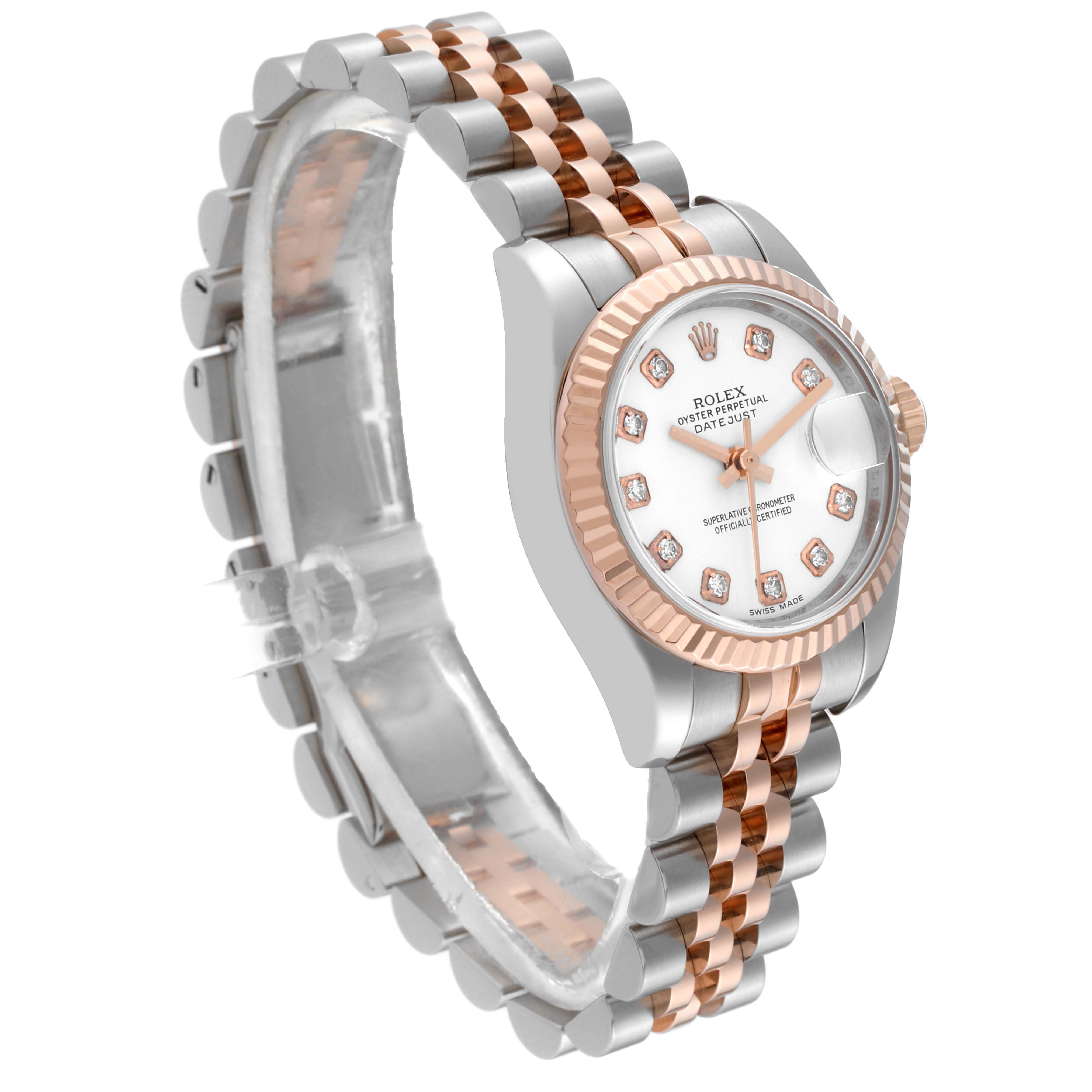 The image shows a Rolex Datejust 179171 Women's Steel and Gold (two tone) White Dial 179171 Women's Steel and Gold (two tone) White Dial watch at a three-quarter angle, highlighting the face, dial, and two-tone bracelet.