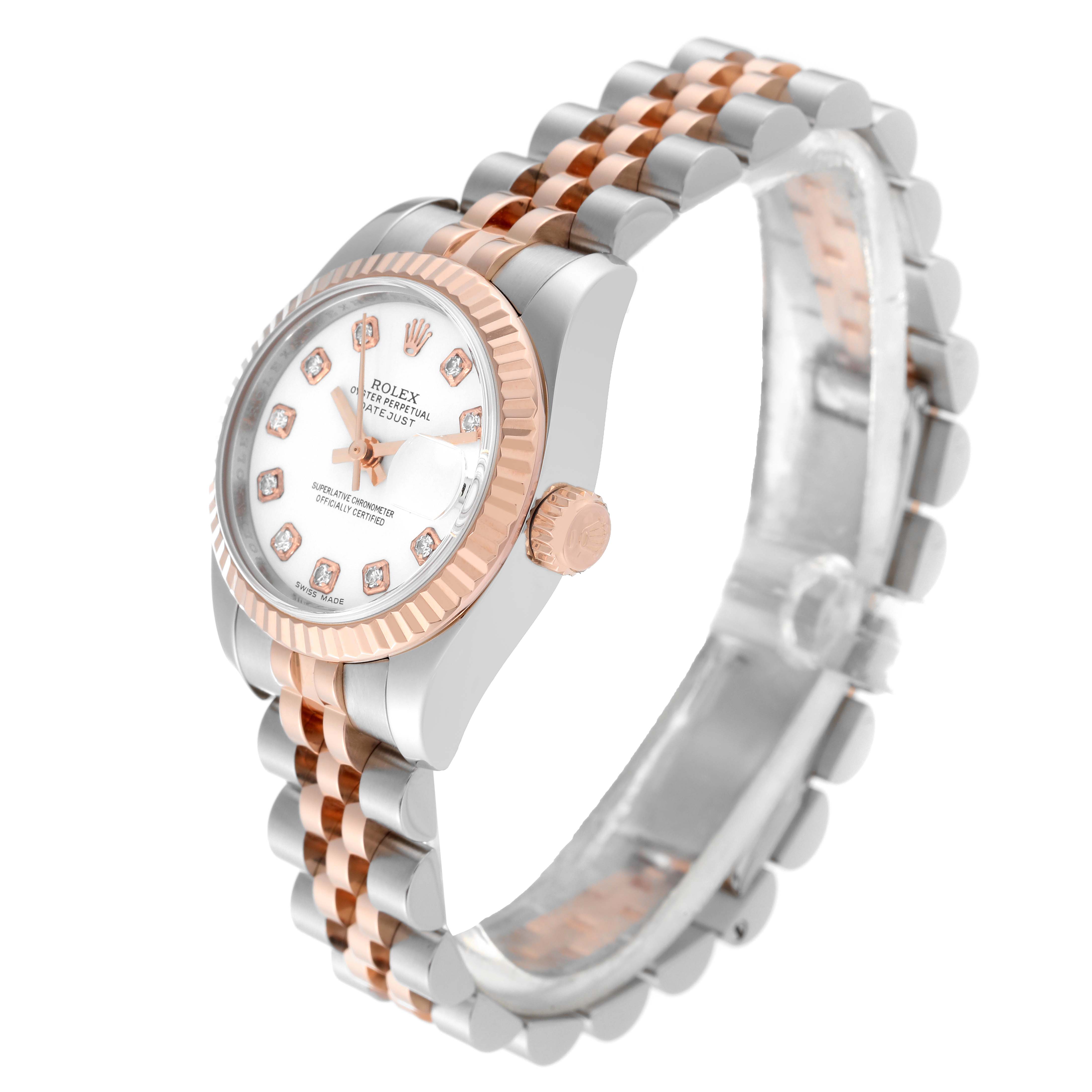 This image shows a side angle of the Rolex Datejust 179171 Women's Steel and Gold (two tone) White Dial 179171 Women's Steel and Gold (two tone) White Dial watch, highlighting its two-tone bracelet, crown, and dial with diamond markers.