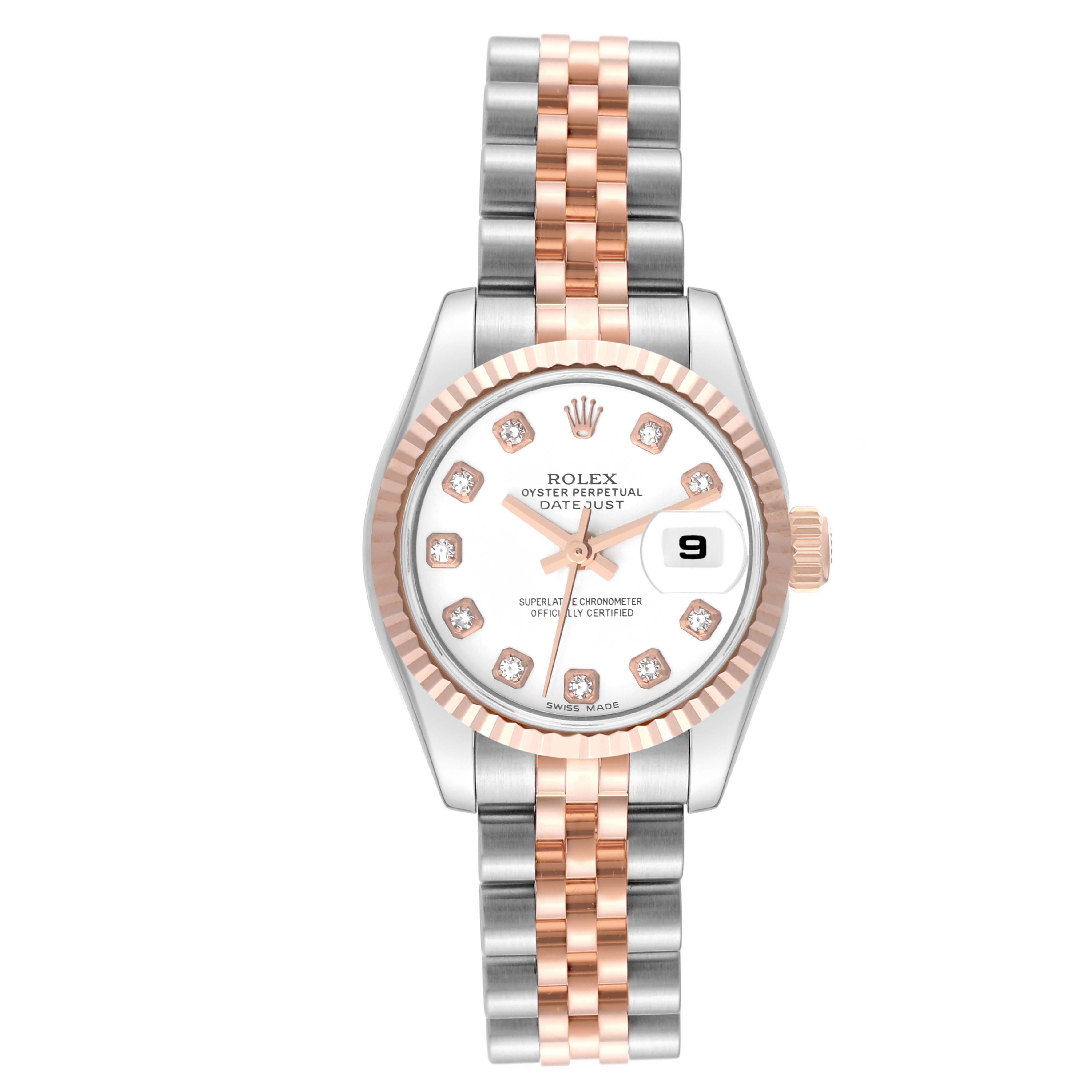 This image shows a frontal view of a Rolex Datejust 179171 Women's Steel and Gold (two tone) White Dial 179171 Women's Steel and Gold (two tone) White Dial watch with a two-tone bracelet and a white dial featuring diamond indices.