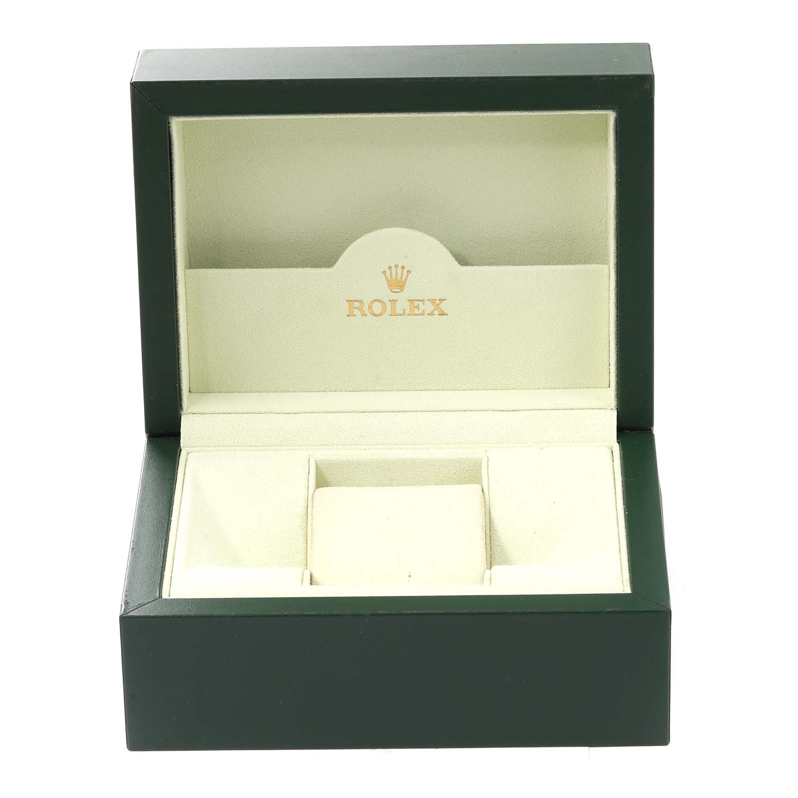 This is an open Rolex box, suitable for housing a Datejust model watch, showcasing the interior compartments.