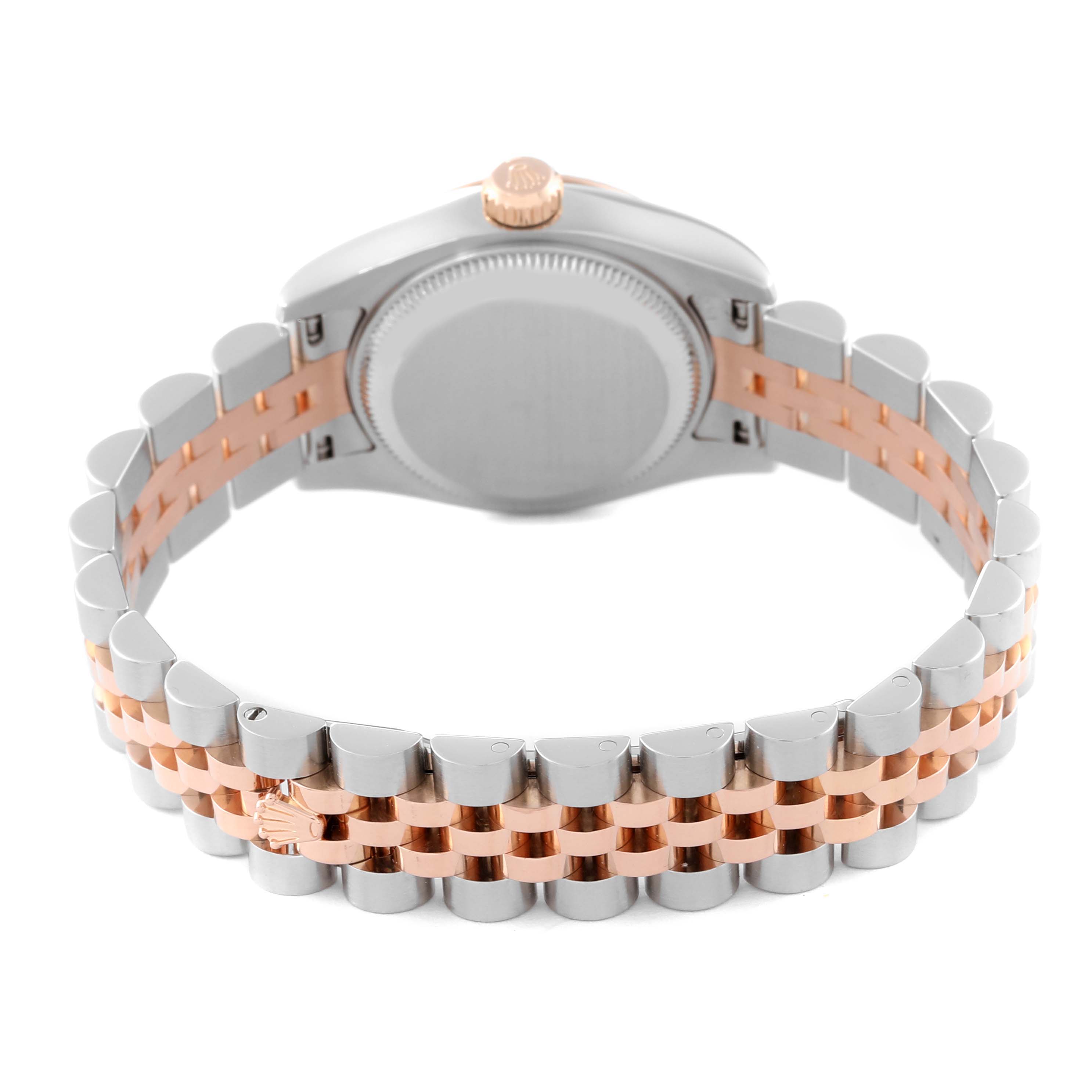 The image shows the back view of a Rolex Datejust 179171 Women's Steel and Gold (two tone) White Dial 179171 Women's Steel and Gold (two tone) White Dial watch featuring its case and two-tone bracelet.