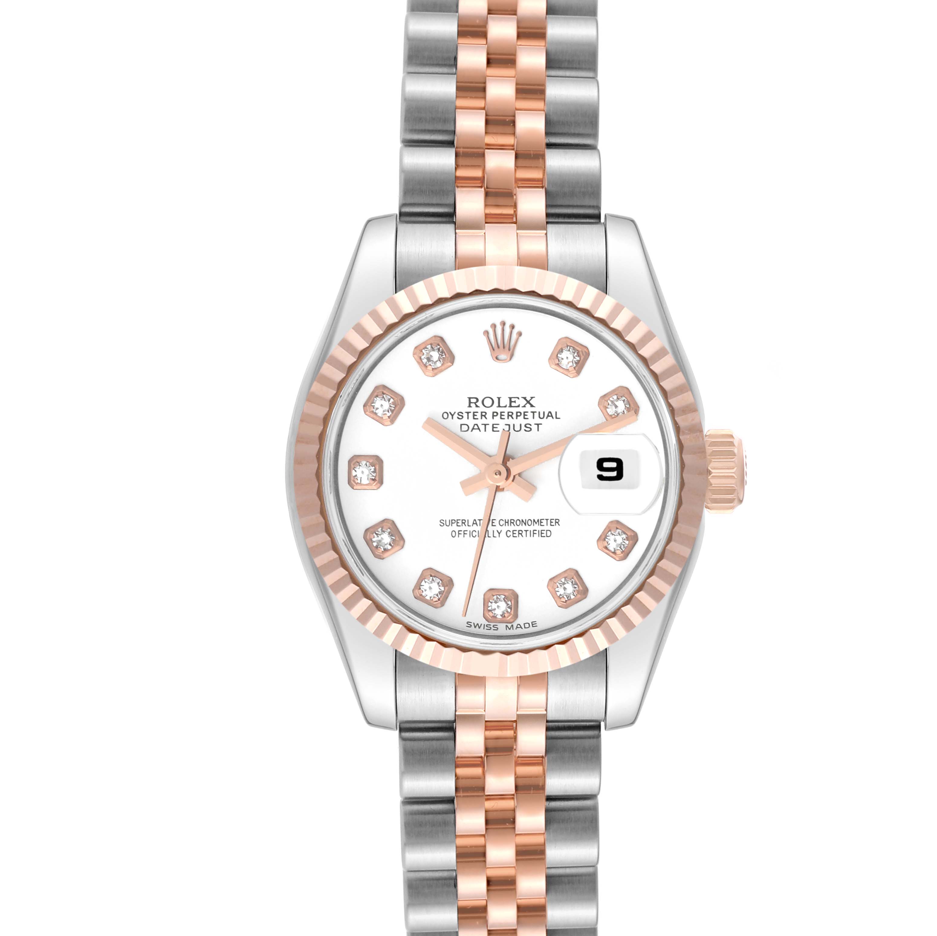 This image shows a full front view of the Rolex Datejust 179171 Women's Steel and Gold (two tone) White Dial 179171 Women's Steel and Gold (two tone) White Dial watch, highlighting the dial, bezel, crown, and bracelet.