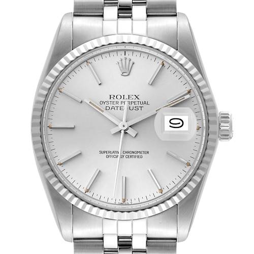 The image shows a front view of the Rolex Vintage Collection Datejust, displaying its dial, bezel, crown, and part of the bracelet.