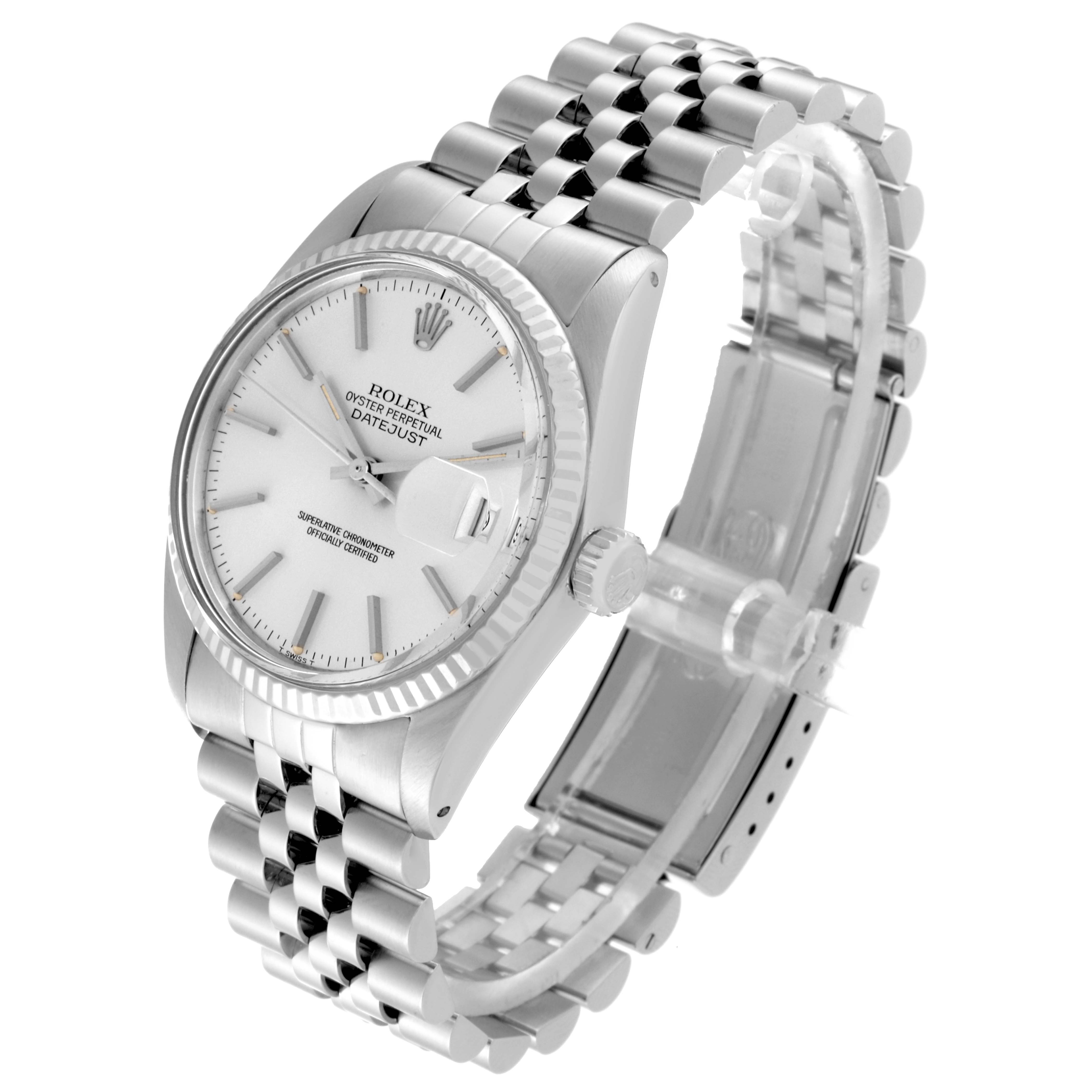 The Rolex Vintage Collection 16014 Men's Stainless Steel Silver Dial 16014 Men's Stainless Steel Silver Dial watch is shown at a tilted angle, displaying its face, bracelet, crown, and clasp.