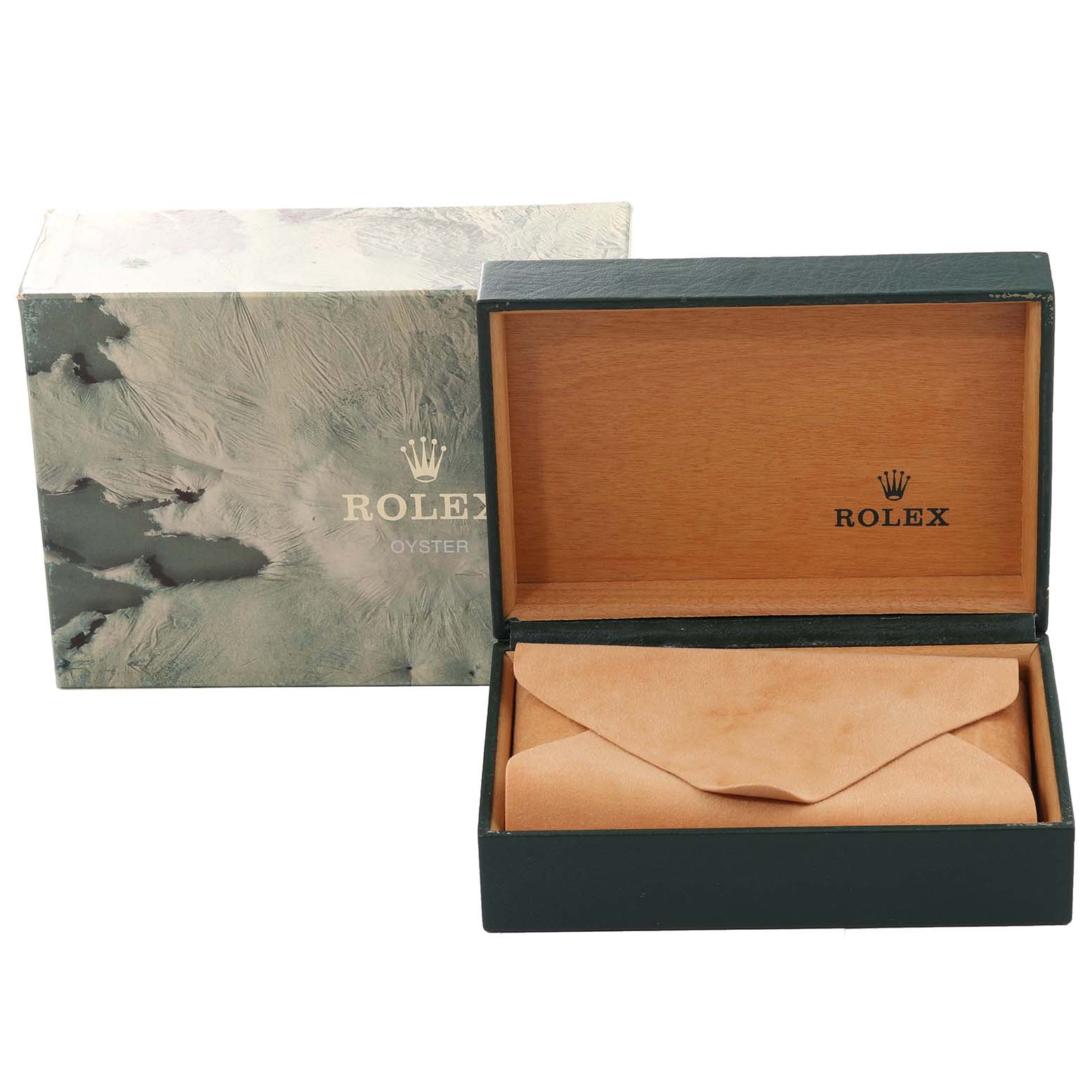 This image shows an open Rolex watch box from the Vintage Collection model, displaying the interior with its watch pouch.