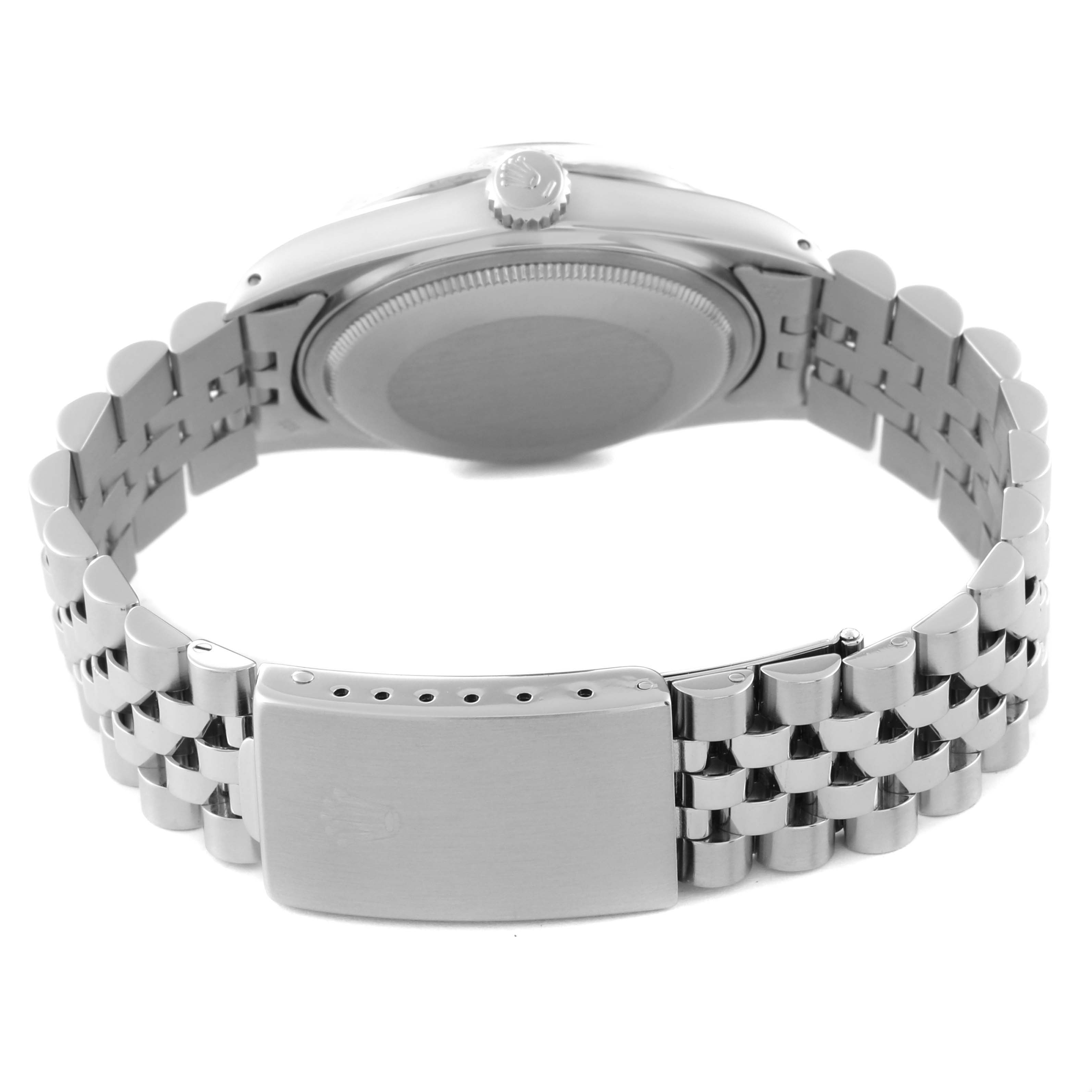 This image shows the back view of the Rolex Vintage Collection 16014 Men's Stainless Steel Silver Dial 16014 Men's Stainless Steel Silver Dial watch, highlighting the case back, crown, and bracelet clasp.