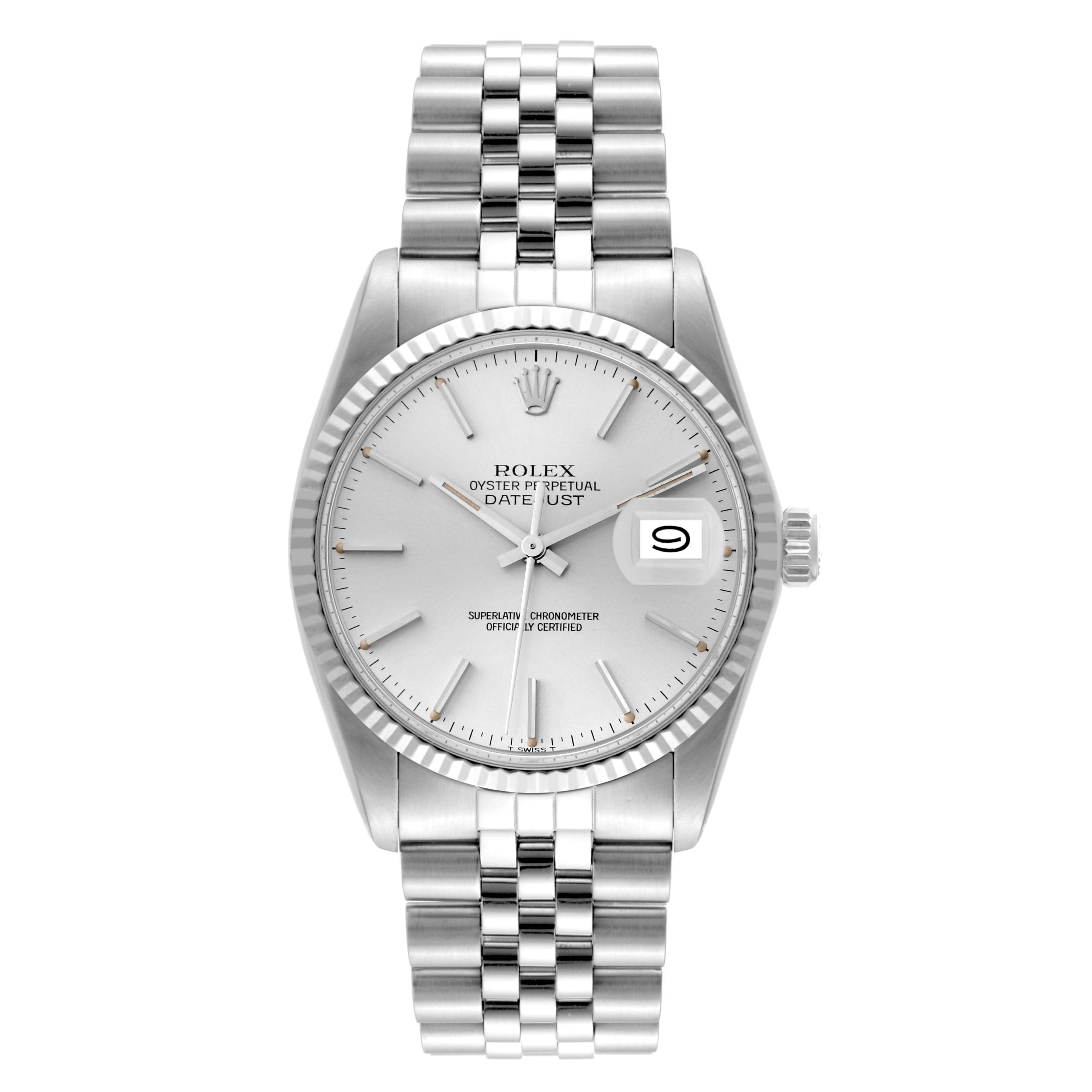 The image shows a front angle view of the Rolex Vintage Collection 16014 Men's Stainless Steel Silver Dial 16014 Men's Stainless Steel Silver Dial Oyster Perpetual Datejust watch, highlighting the dial, bezel, crown, and bracelet.