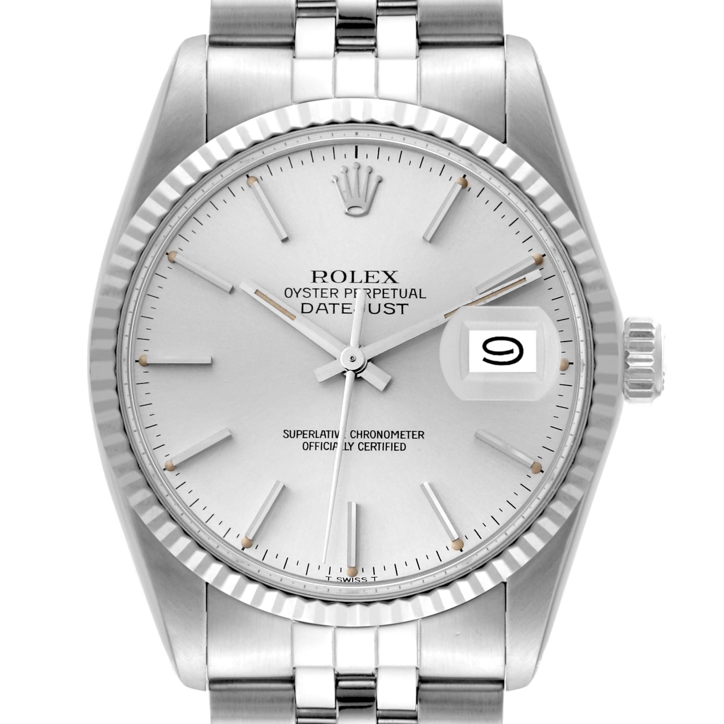 The image shows a front view of a Rolex Vintage Collection 16014 Men's Stainless Steel Silver Dial 16014 Men's Stainless Steel Silver Dial Datejust watch, highlighting its dial, bezel, crown, and bracelet.