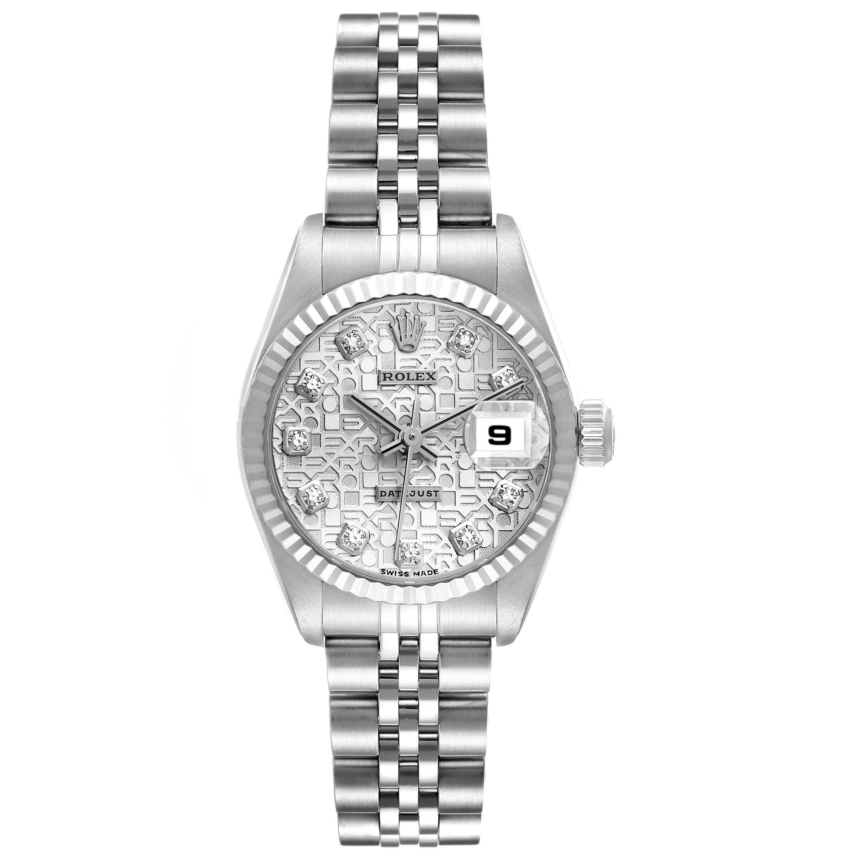 This is a front-view angle of a Rolex Datejust 79174 Women's Stainless Steel Silver Dial 79174 Women's Stainless Steel Silver Dial watch, showing the dial, hands, date window, and full bracelet.