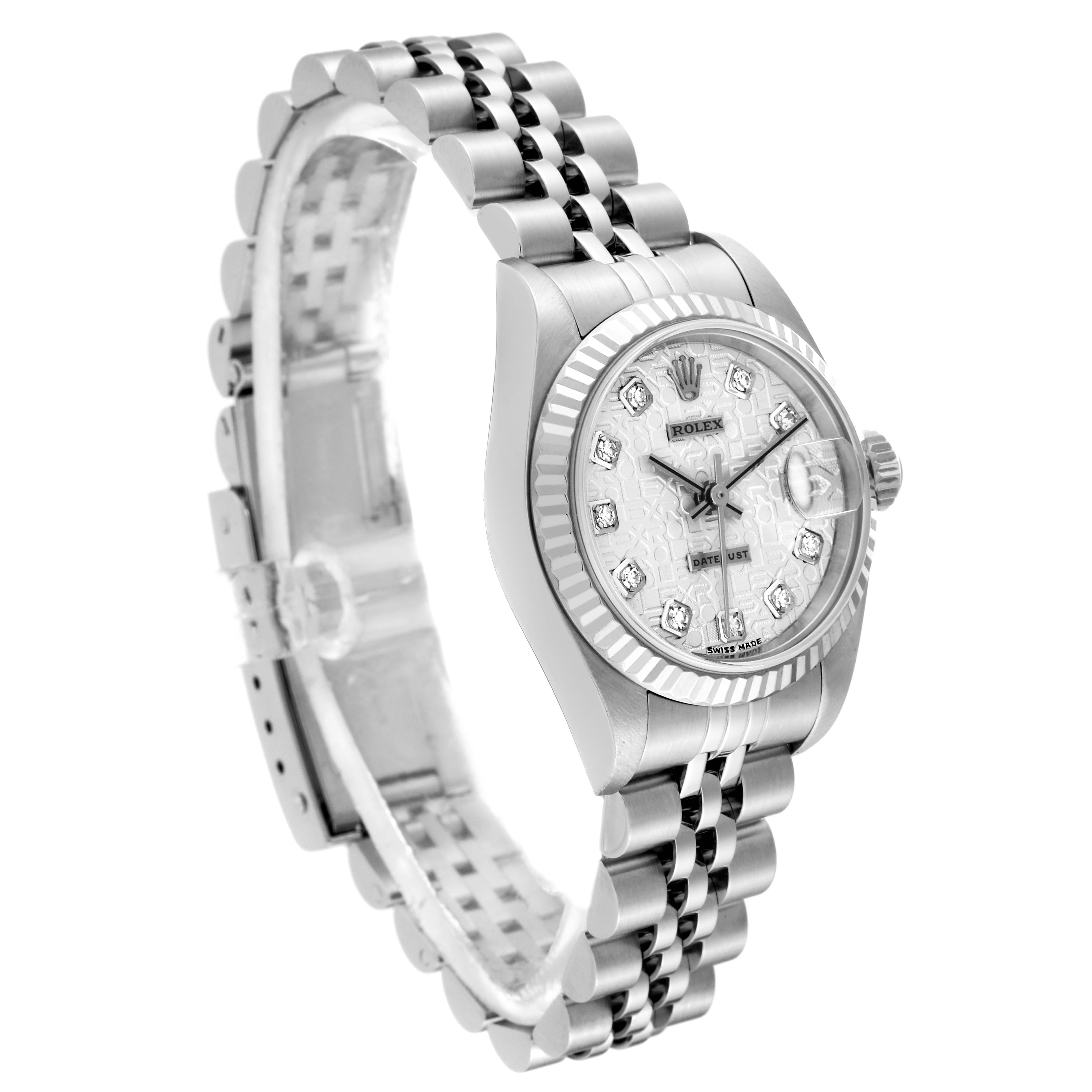This image shows a Rolex Datejust 79174 Women's Stainless Steel Silver Dial 79174 Women's Stainless Steel Silver Dial watch from an angled side view, highlighting the bracelet, bezel, and dial.