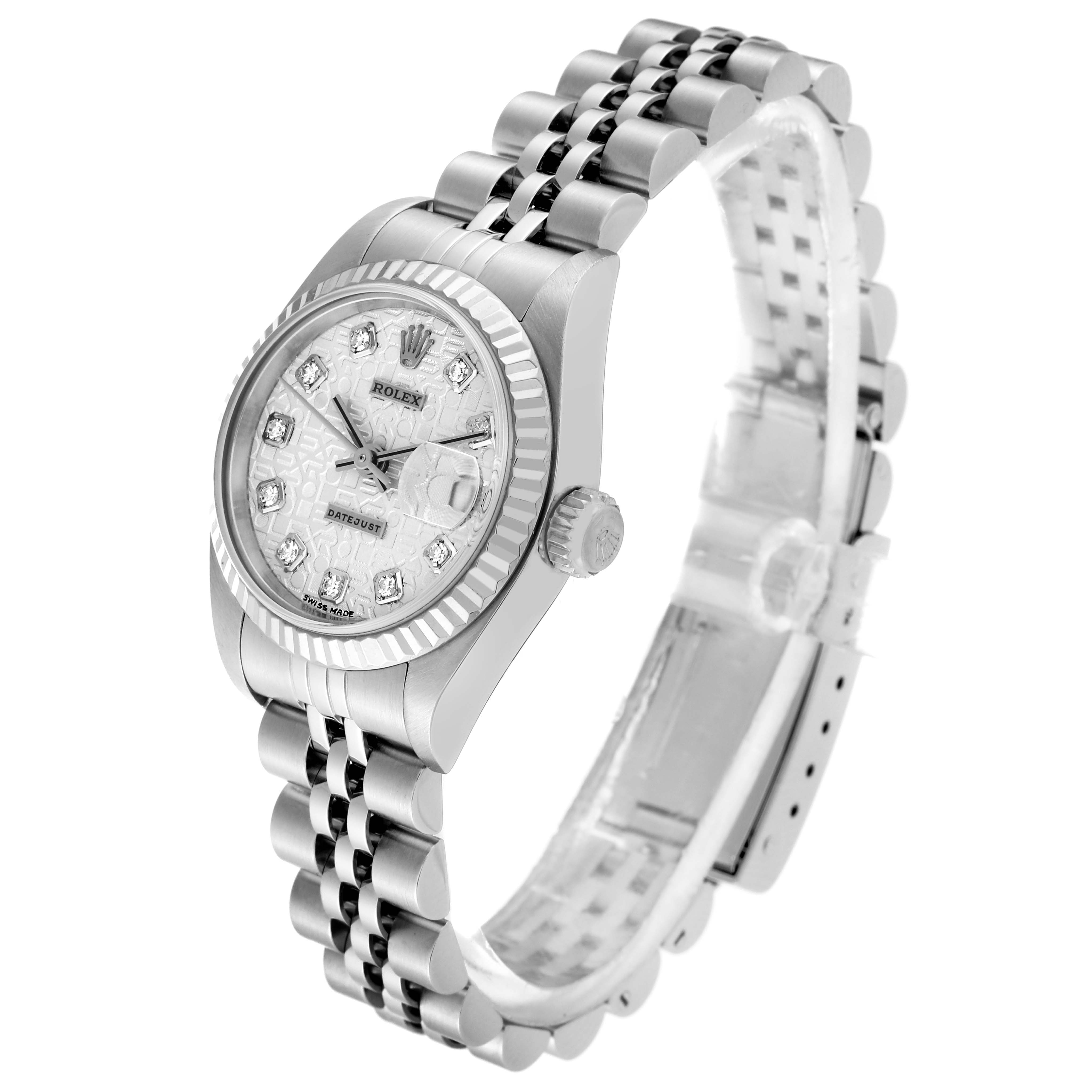 The image showcases a Rolex Datejust 79174 Women's Stainless Steel Silver Dial 79174 Women's Stainless Steel Silver Dial watch from an angled side view, highlighting the face, bezel, crown, and bracelet.