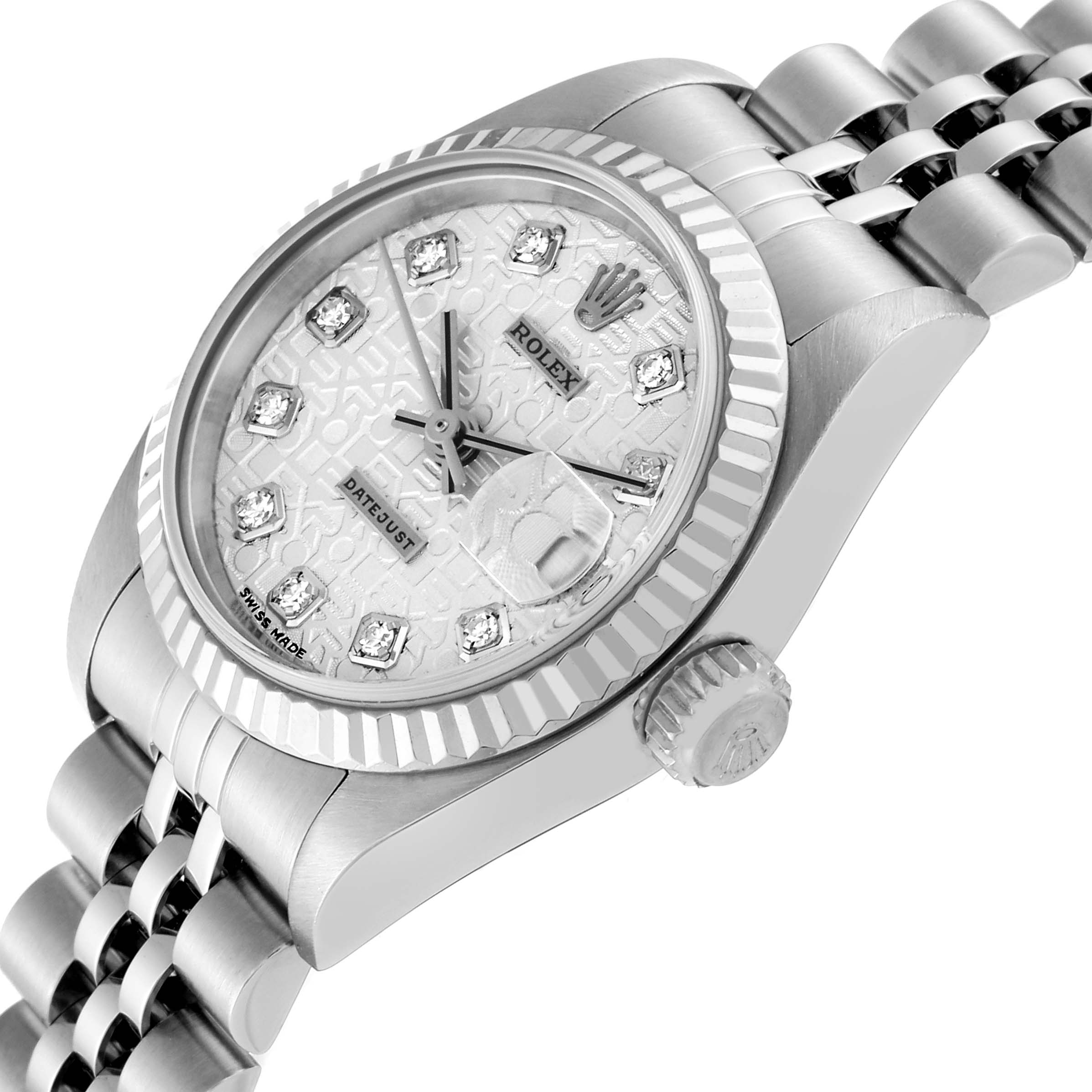 This image shows a close-up, angled view of the Rolex Datejust 79174 Women's Stainless Steel Silver Dial 79174 Women's Stainless Steel Silver Dial watch, highlighting the dial, bezel, crown, and part of the bracelet.