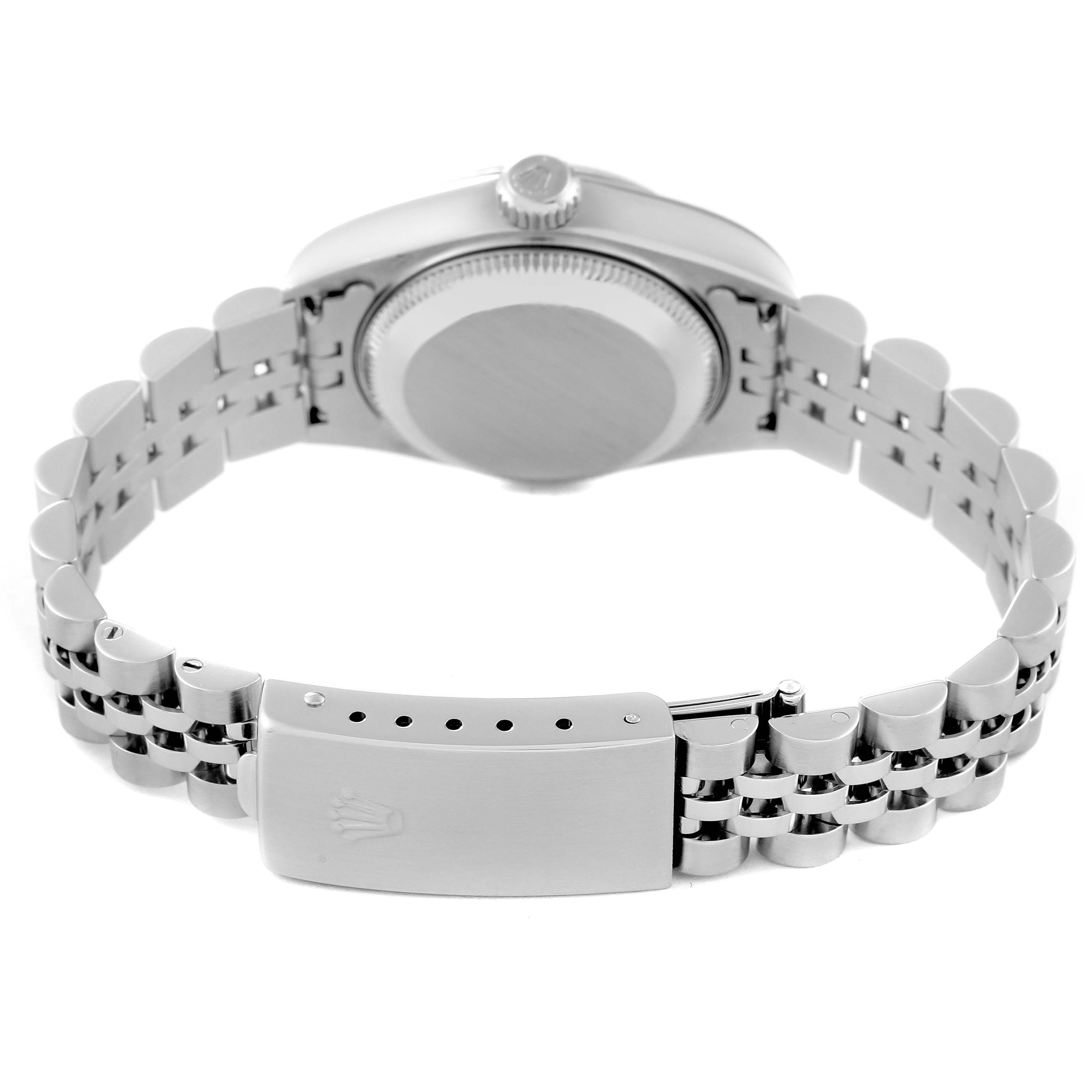 This image shows the back of a Rolex Datejust 79174 Women's Stainless Steel Silver Dial 79174 Women's Stainless Steel Silver Dial watch, including the case and bracelet with a closed clasp.