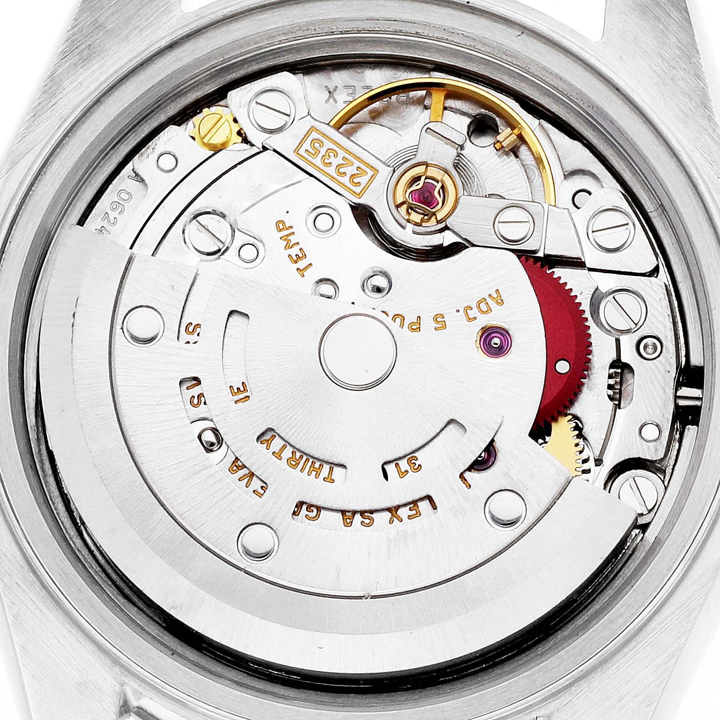 The image shows the movement from the back of the Rolex Datejust 79174 Women's Stainless Steel Silver Dial 79174 Women's Stainless Steel Silver Dial watch, highlighting its internal mechanics.