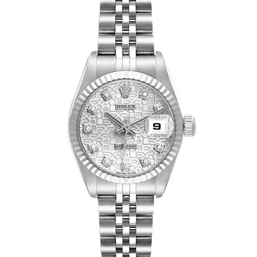 The image shows a front view of a Rolex Datejust watch, highlighting the dial, bezel, crown, and a part of the bracelet.