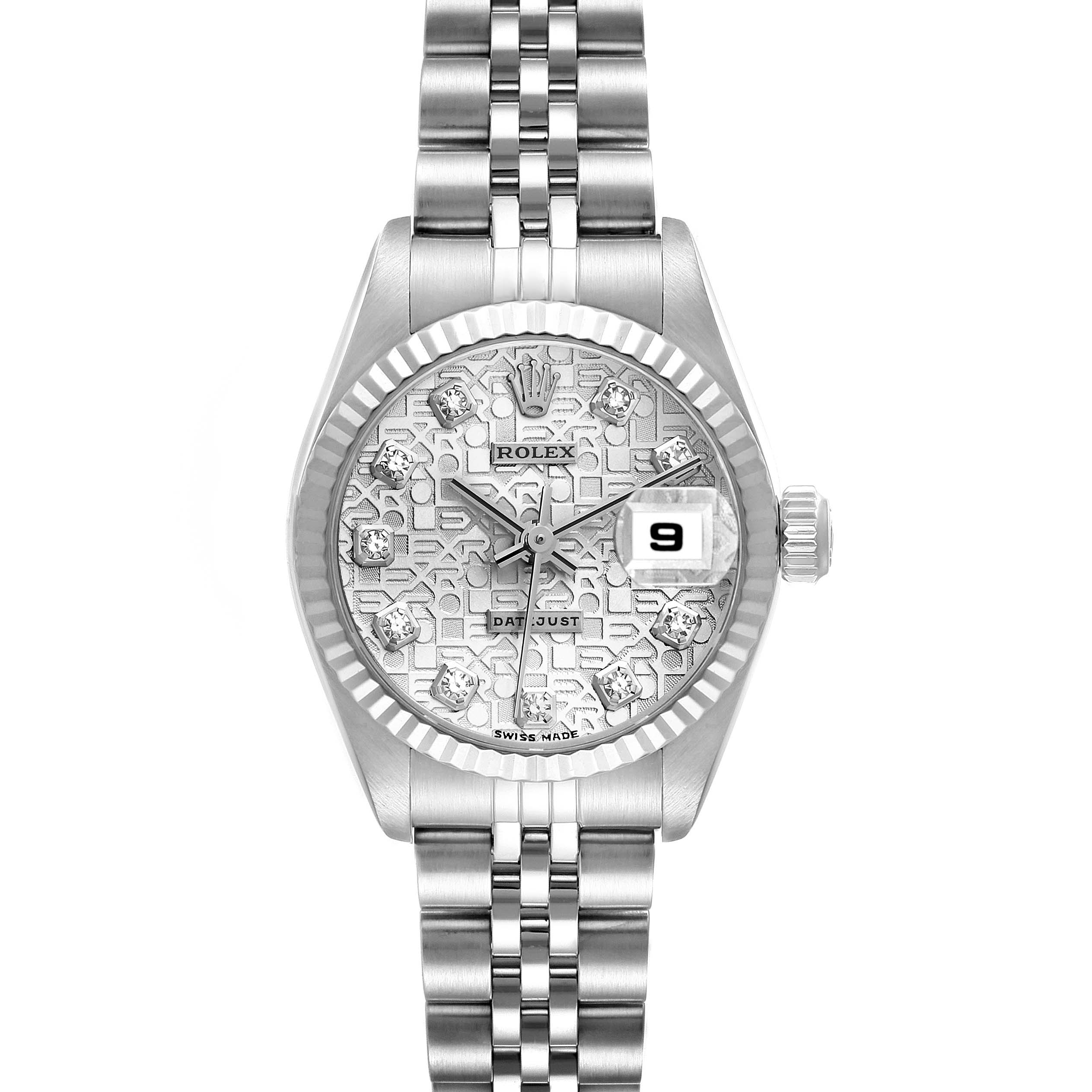 The image shows a front view of a Rolex Datejust 79174 Women's Stainless Steel Silver Dial 79174 Women's Stainless Steel Silver Dial watch, highlighting its bracelet, dial, bezel, and crown.
