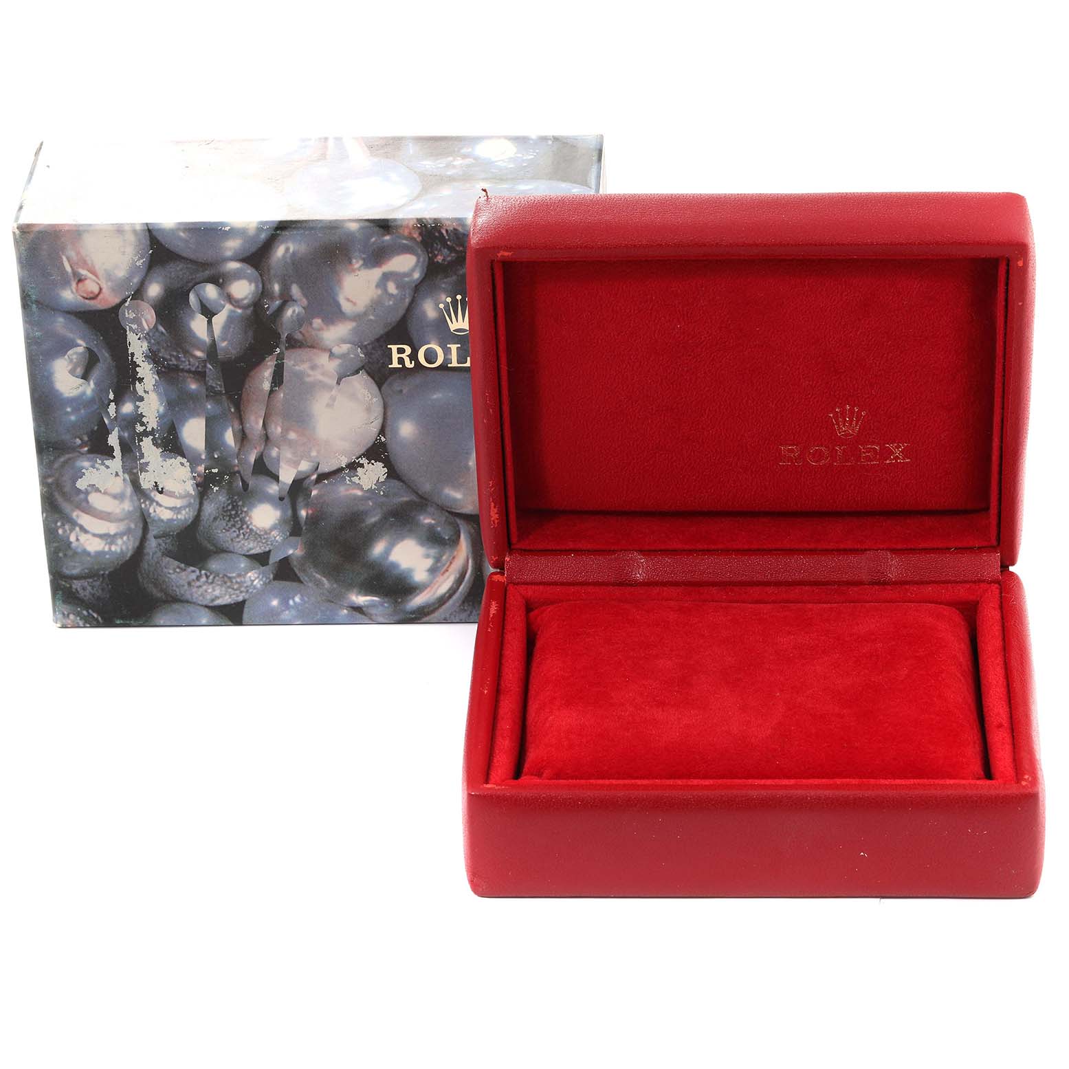 The image shows a red Rolex Datejust 79174 Women's Stainless Steel Silver Dial 79174 Women's Stainless Steel Silver Dial watch box with an outer decorative box behind it.