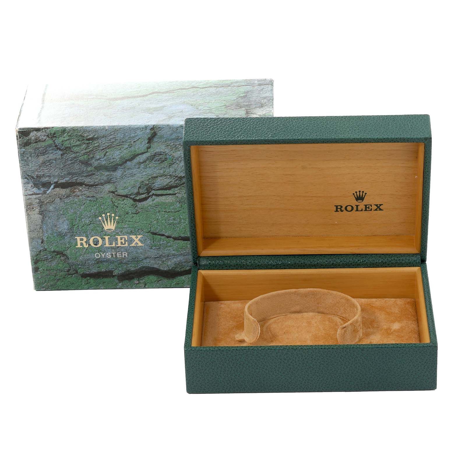 The image shows an open Rolex Datejust 16233 Men's Steel and Gold (two tone) Black Dial 16233 Men's Steel and Gold (two tone) Black Dial watch box and its outer box from an elevated front angle.