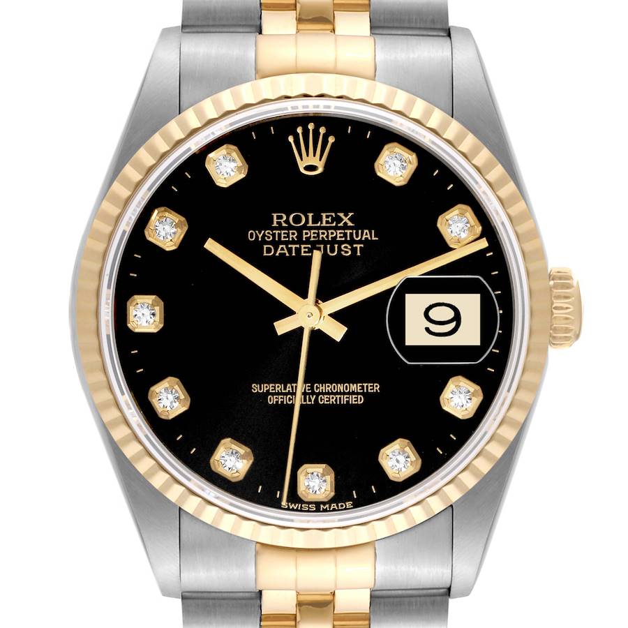 Rolex Datejust Steel Yellow Gold Black Diamond Dial Mens Watch 16233 SwissWatchExpo