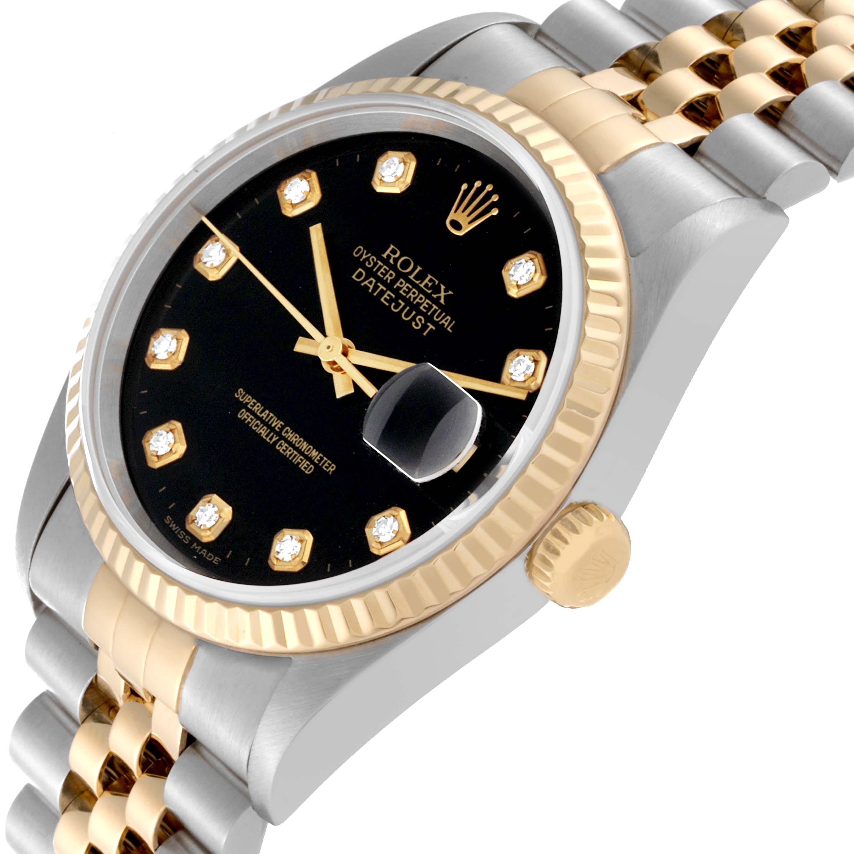 The image shows a Rolex Datejust 16233 Men's Steel and Gold (two tone) Black Dial 16233 Men's Steel and Gold (two tone) Black Dial watch at an angled view highlighting the black dial, fluted bezel, crown, and two-tone bracelet.
