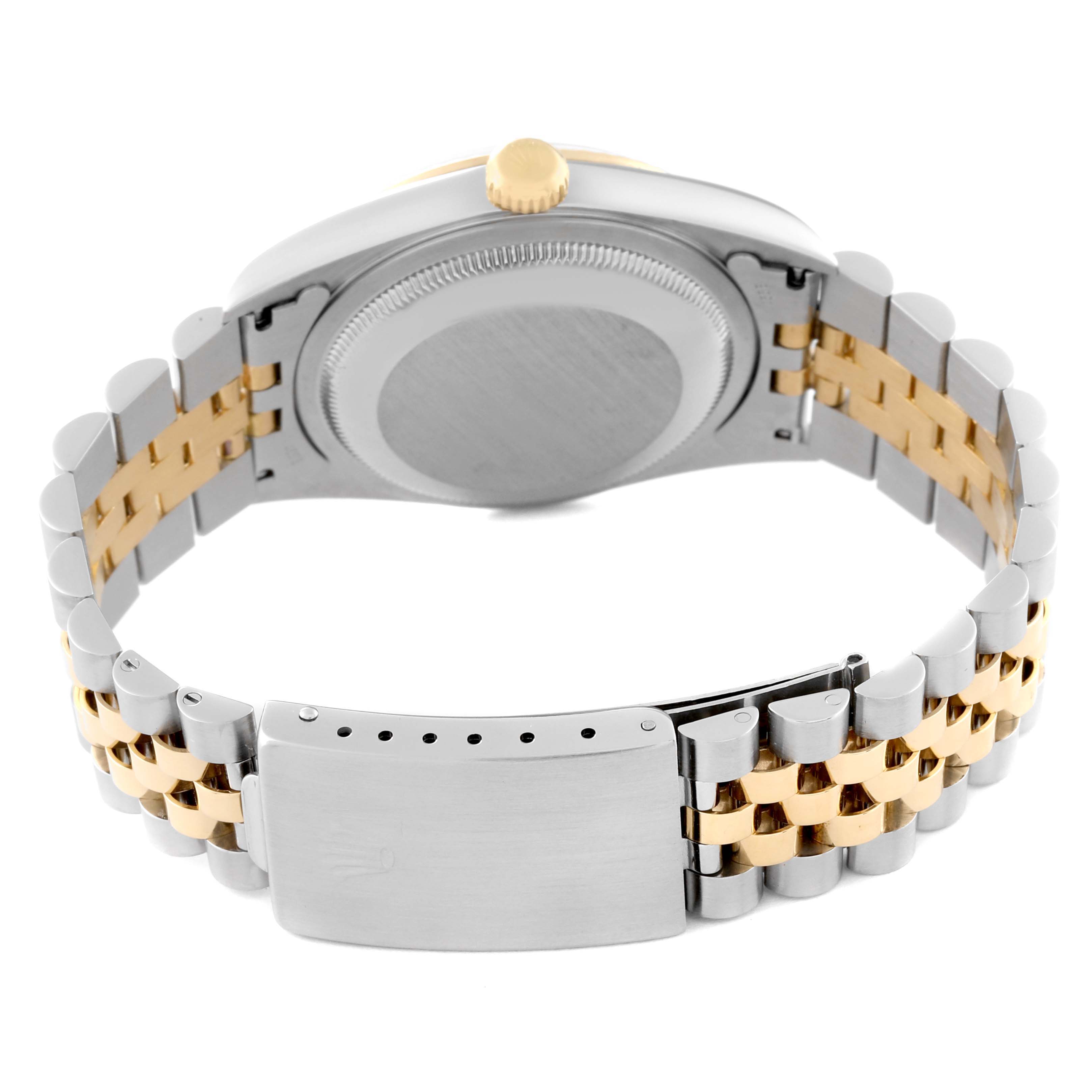 The image shows a back and side view of a Rolex Datejust 16233 Men's Steel and Gold (two tone) Black Dial 16233 Men's Steel and Gold (two tone) Black Dial watch, highlighting the case back, crown, and two-tone bracelet with clasp.