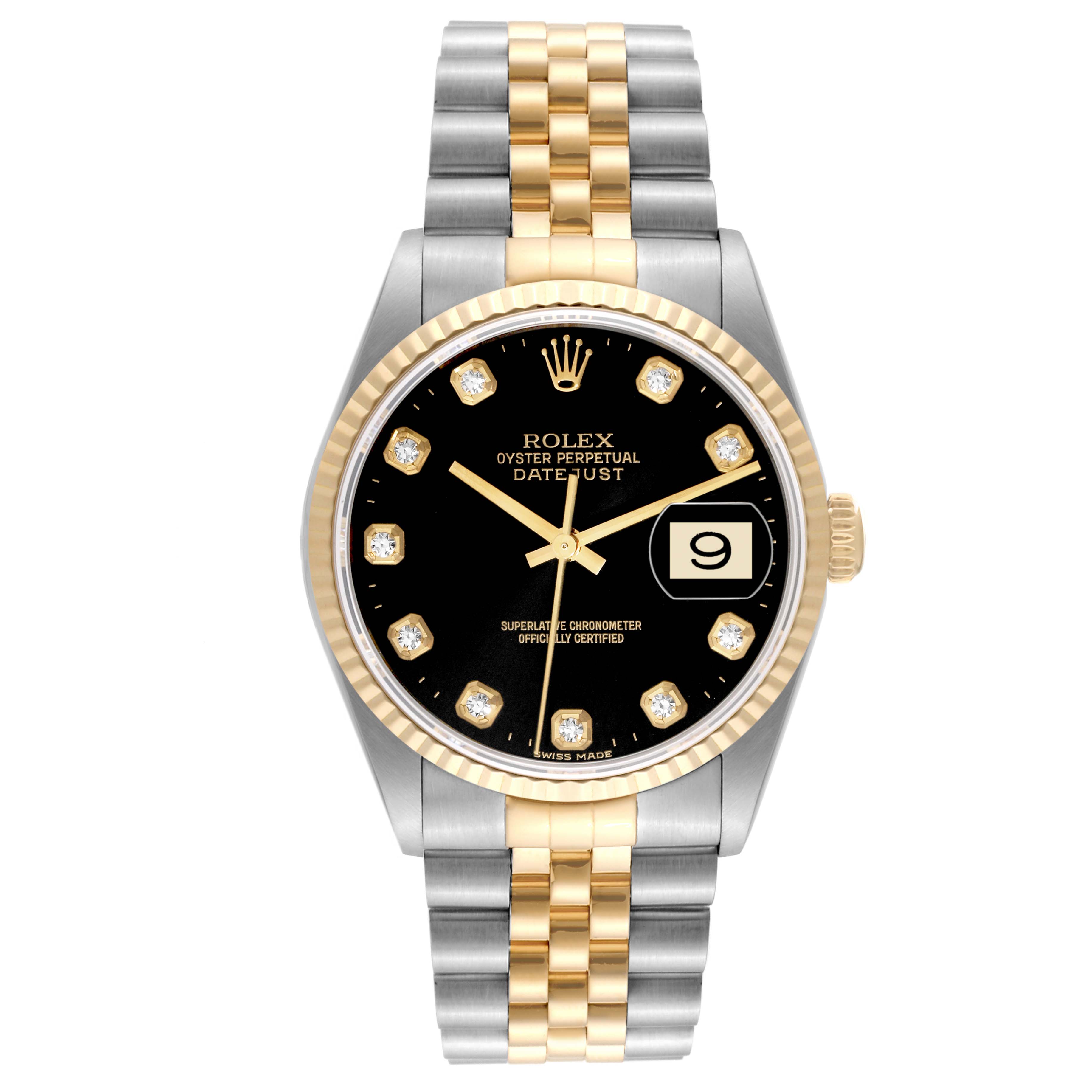 The Rolex Datejust 16233 Men's Steel and Gold (two tone) Black Dial 16233 Men's Steel and Gold (two tone) Black Dial watch is shown at a straight-on angle, displaying the black dial, date window, and two-tone metal bracelet.