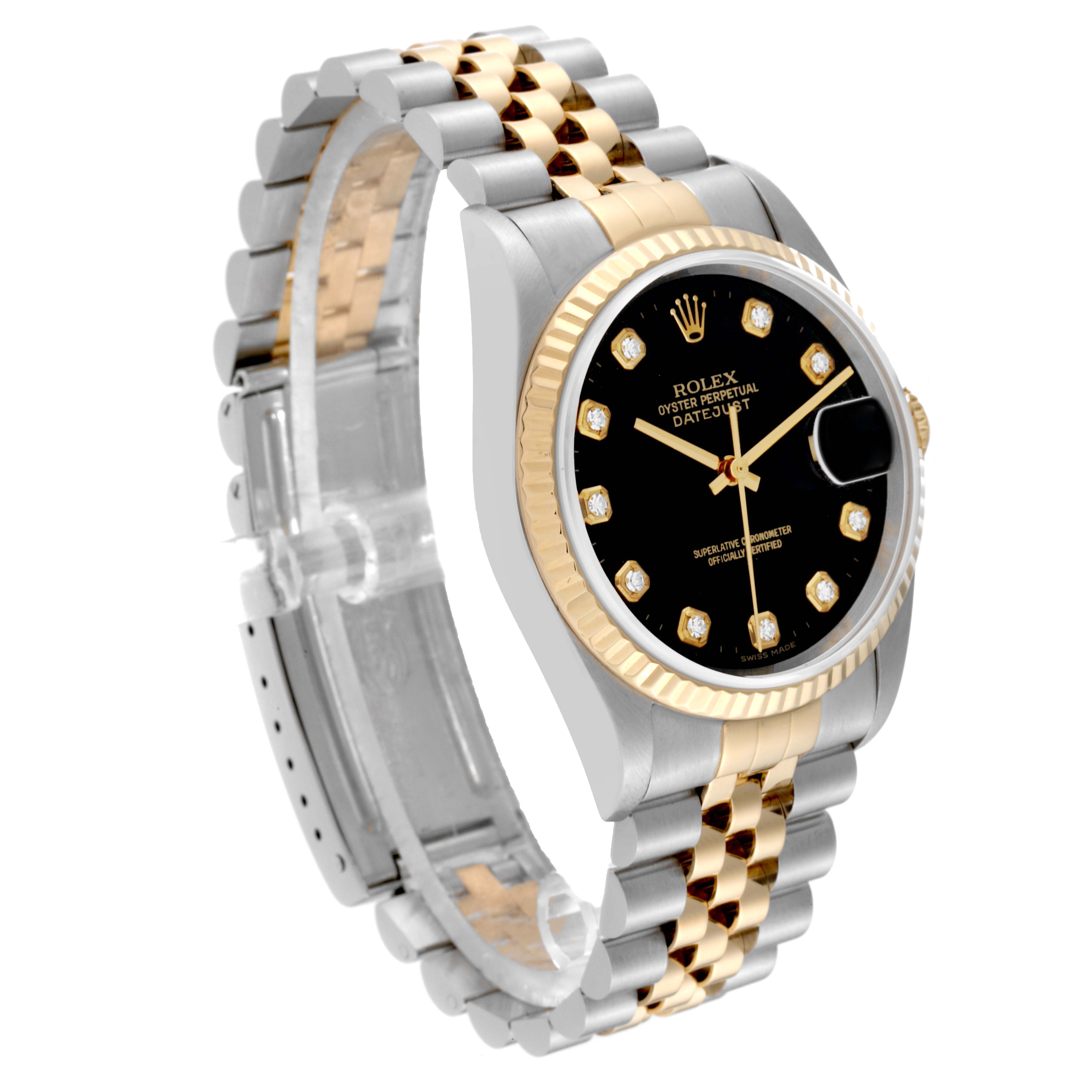 The image shows a Rolex Datejust 16233 Men's Steel and Gold (two tone) Black Dial 16233 Men's Steel and Gold (two tone) Black Dial watch with a black dial, diamond hour markers, and a two-tone gold and silver jubilee bracelet.
