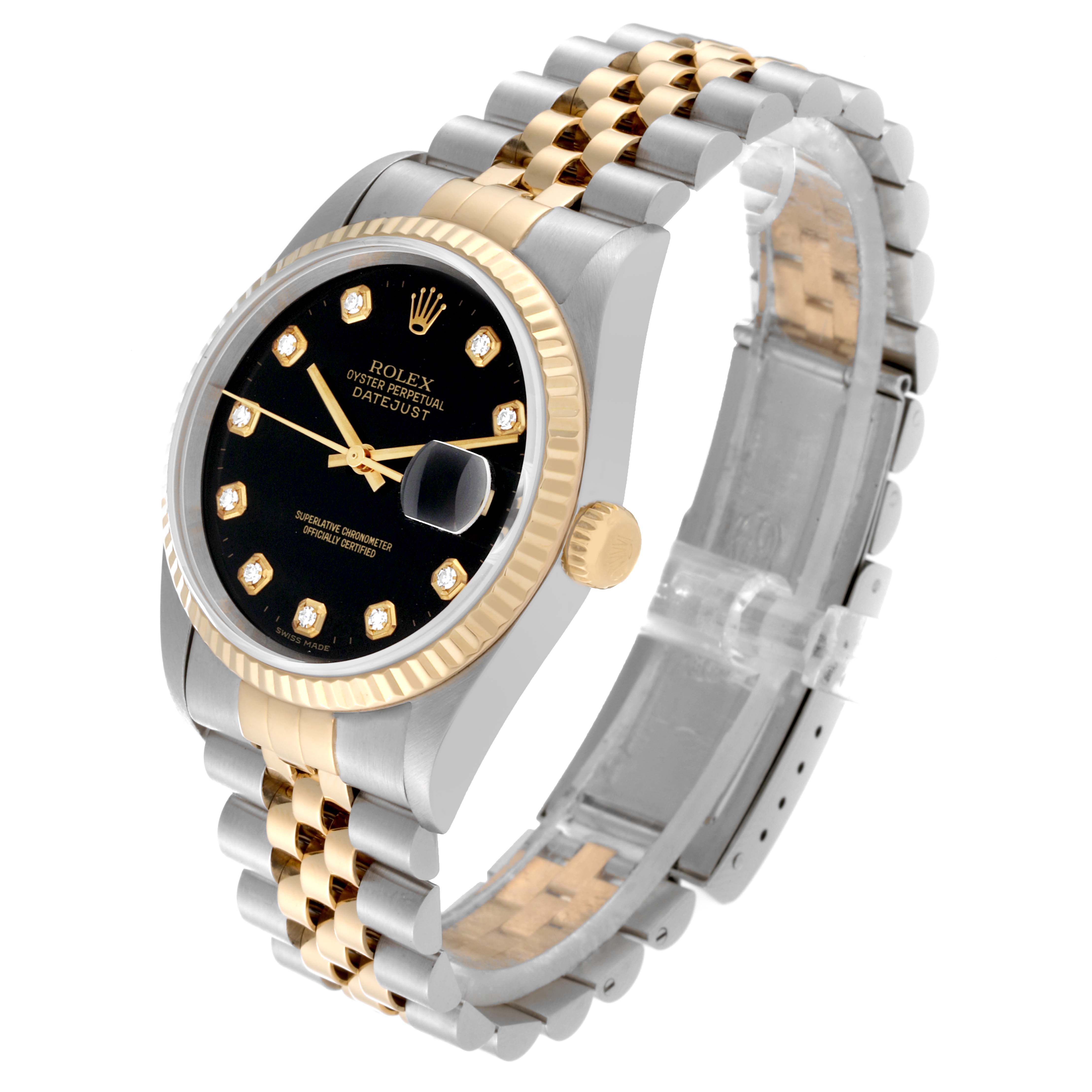 This image shows a Rolex Datejust 16233 Men's Steel and Gold (two tone) Black Dial 16233 Men's Steel and Gold (two tone) Black Dial watch angled to display the dial, bezel, crown, and Jubilee bracelet.