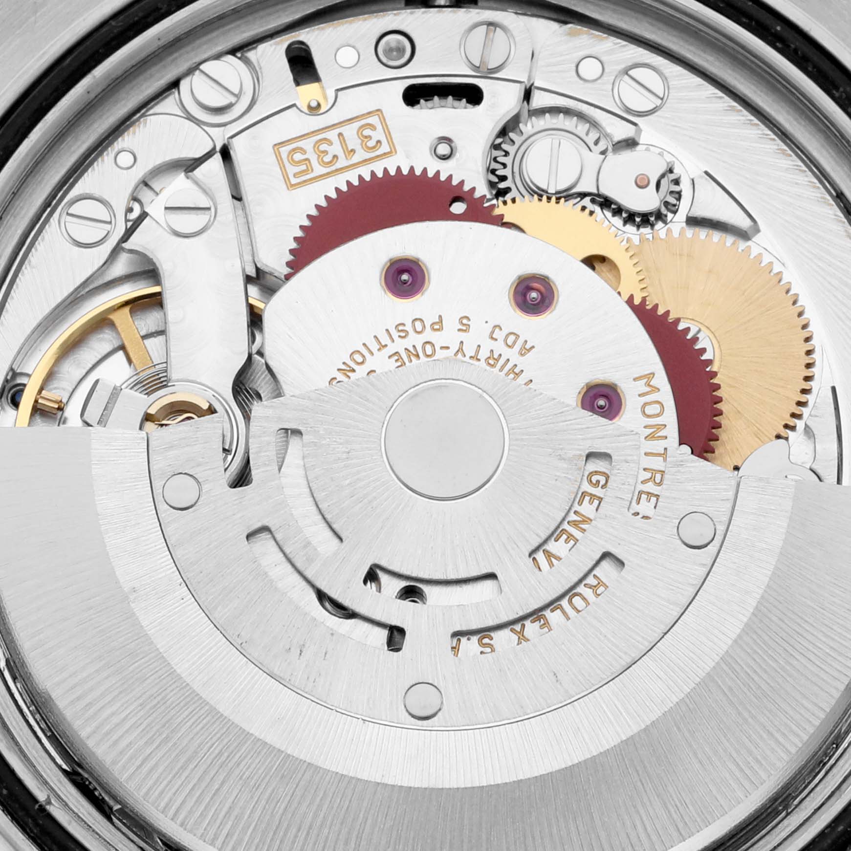 The image shows a close-up of the movement mechanism of a Rolex Datejust 16233 Men's Steel and Gold (two tone) Black Dial 16233 Men's Steel and Gold (two tone) Black Dial watch, highlighting the rotor, gears, and inscriptions.