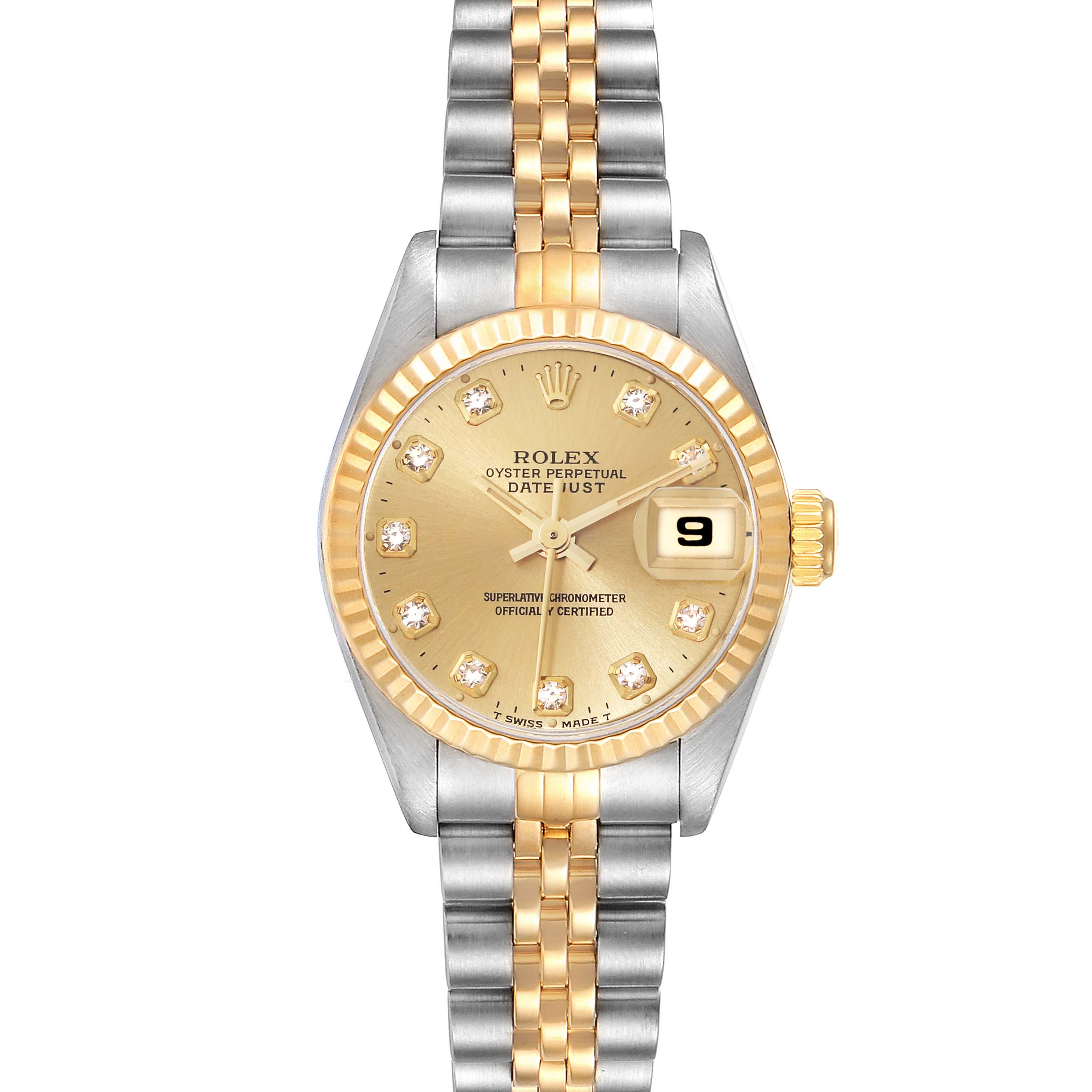 The image shows a front view of the Rolex Datejust 69173 Women's Steel and Gold (two tone) Champagne Dial 69173 Women's Steel and Gold (two tone) Champagne Dial watch, highlighting its gold dial, fluted bezel, and two-tone bracelet.