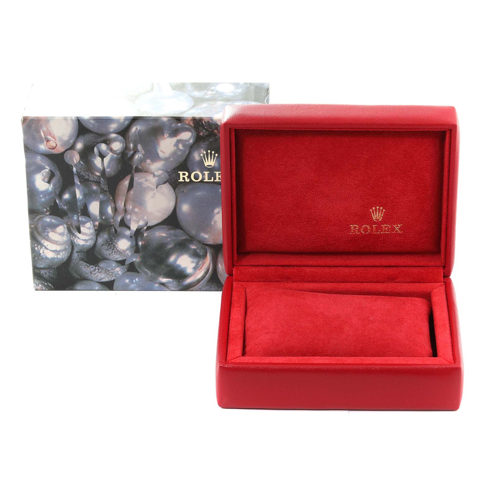 The image shows a red watch box with the Rolex logo for a Datejust model, accompanied by its decorative outer packaging.