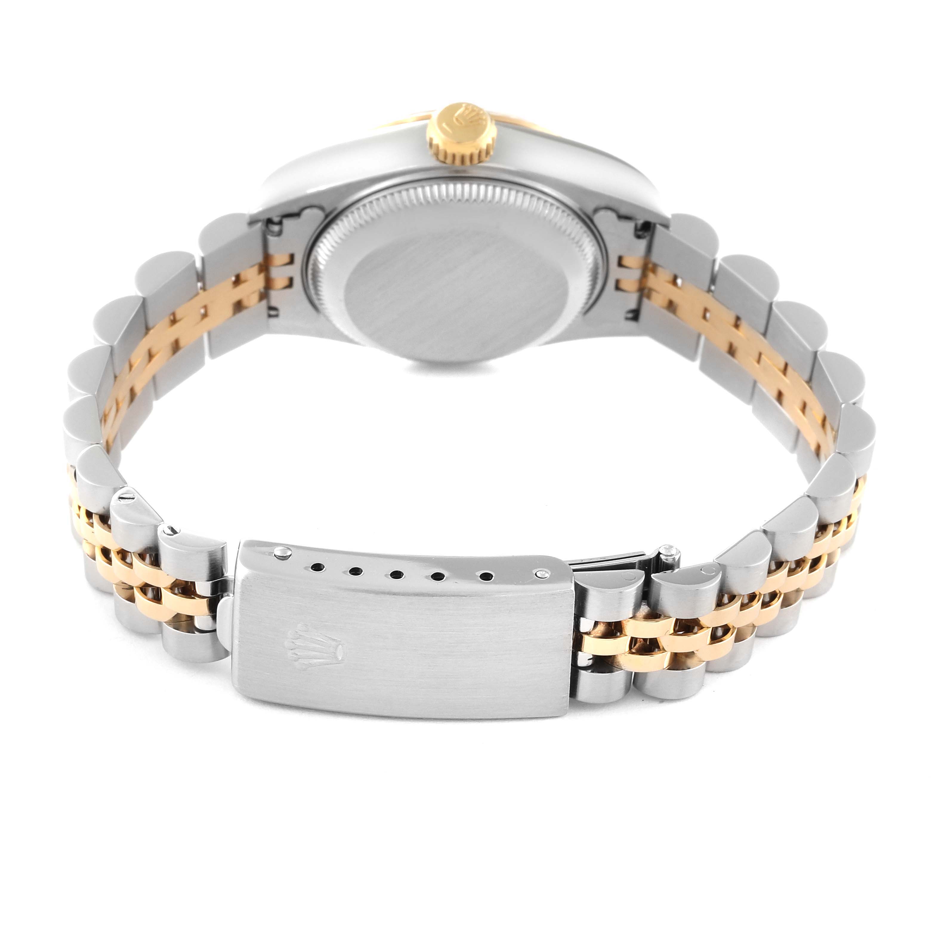 The image shows the back view of a Rolex Datejust 69173 Women's Steel and Gold (two tone) Champagne Dial 69173 Women's Steel and Gold (two tone) Champagne Dial watch, highlighting the stainless steel and gold Jubilee bracelet and clasp.