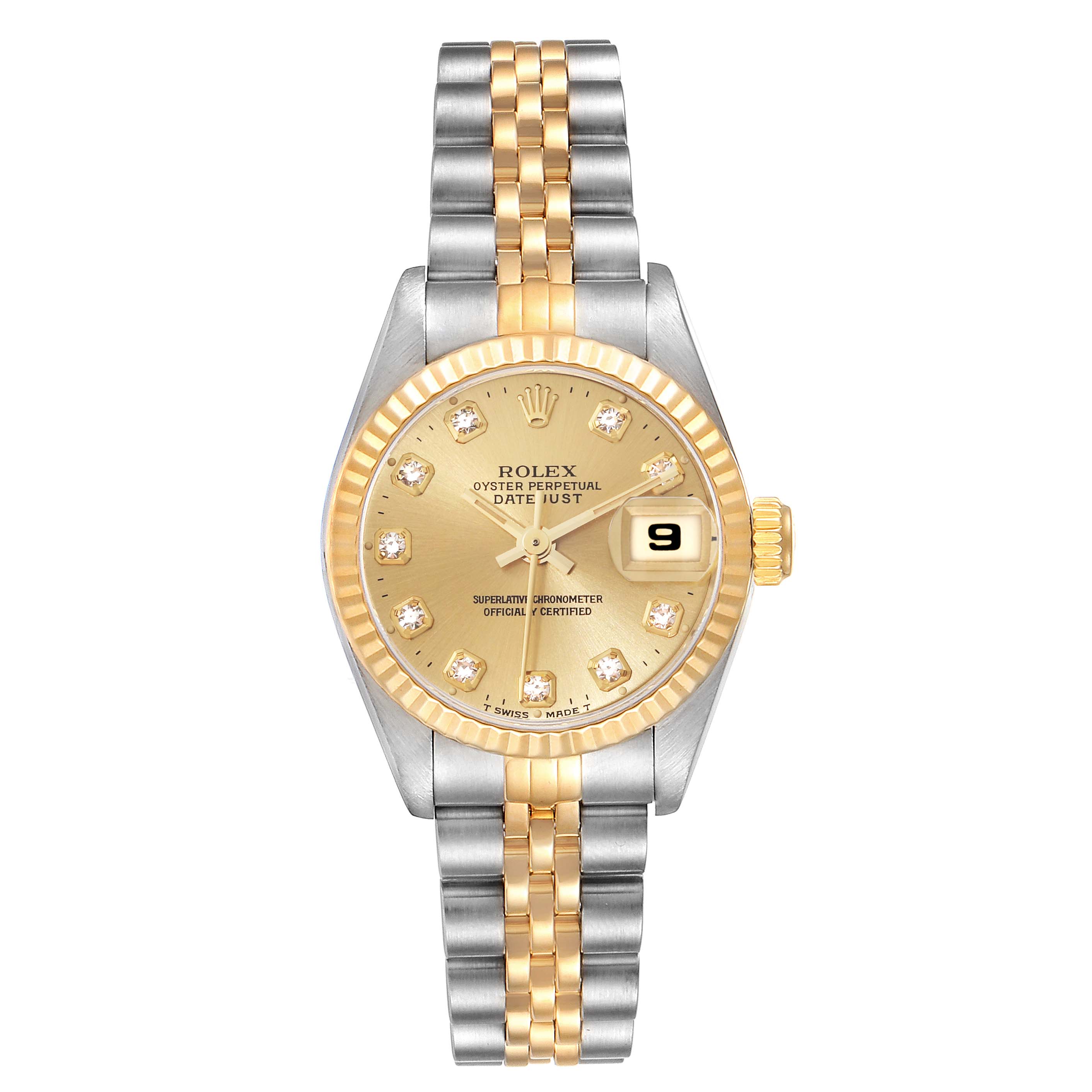 This Rolex Datejust 69173 Women's Steel and Gold (two tone) Champagne Dial 69173 Women's Steel and Gold (two tone) Champagne Dial watch is shown from the front, displaying the dial, fluted bezel, crown, and Jubilee bracelet.