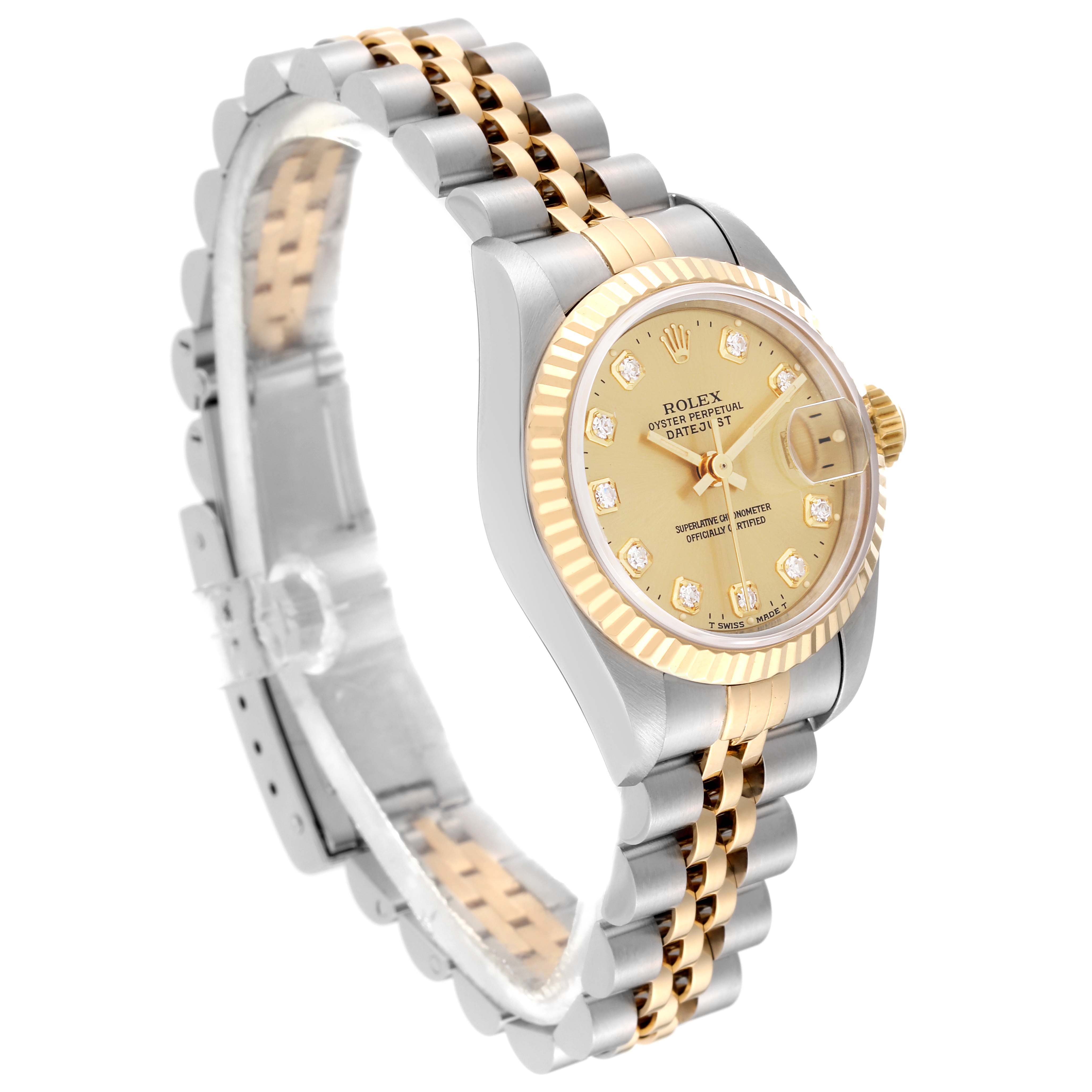 The Rolex Datejust 69173 Women's Steel and Gold (two tone) Champagne Dial 69173 Women's Steel and Gold (two tone) Champagne Dial watch is shown in a side angle, featuring the gold dial, fluted bezel, and jubilee bracelet.