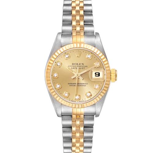 The image shows a frontal view of the Rolex Datejust watch, featuring its dial, bezel, and bracelet.