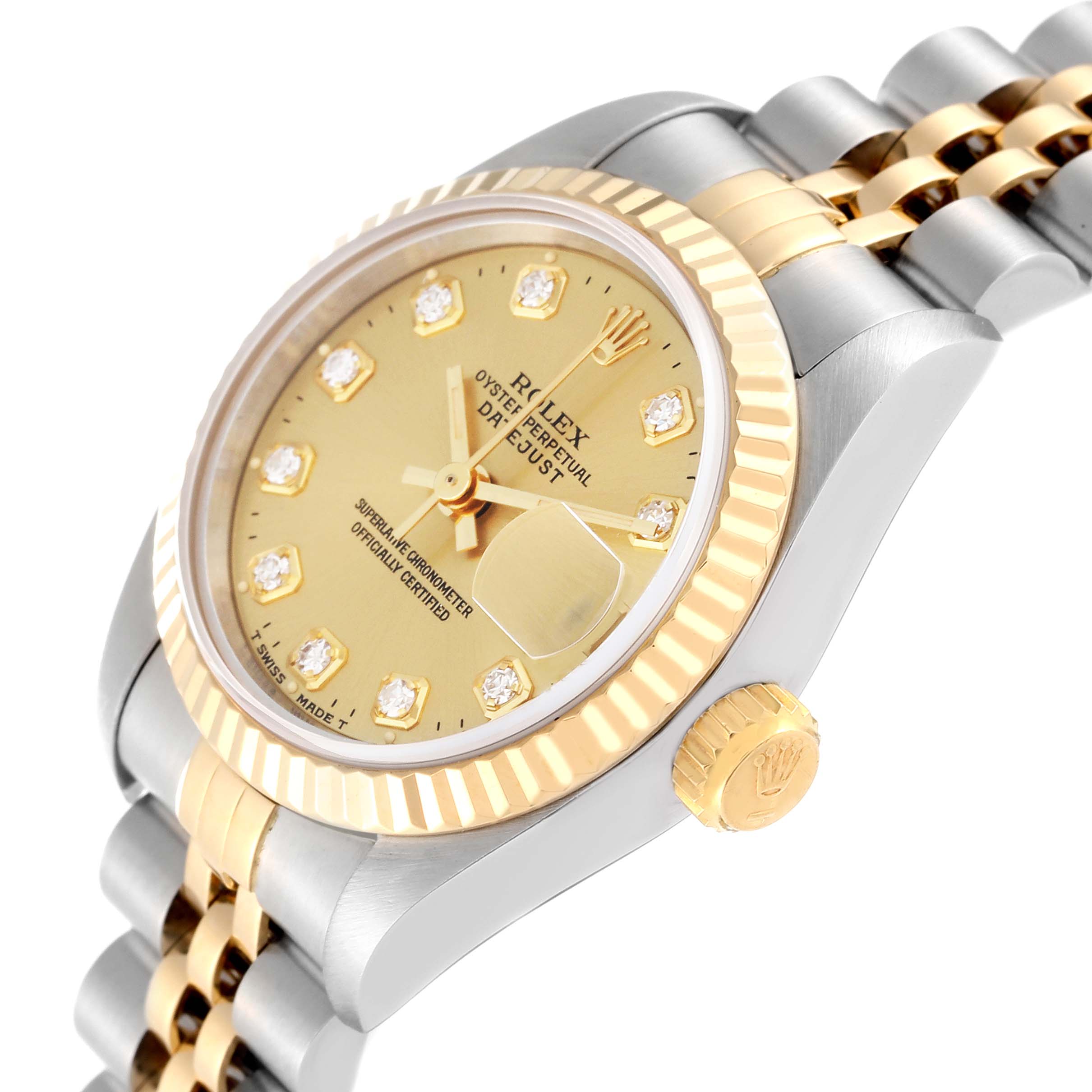 The image shows a close-up angled view of a Rolex Datejust 69173 Women's Steel and Gold (two tone) Champagne Dial 69173 Women's Steel and Gold (two tone) Champagne Dial watch, highlighting its face, bezel, crown, and part of the bracelet.