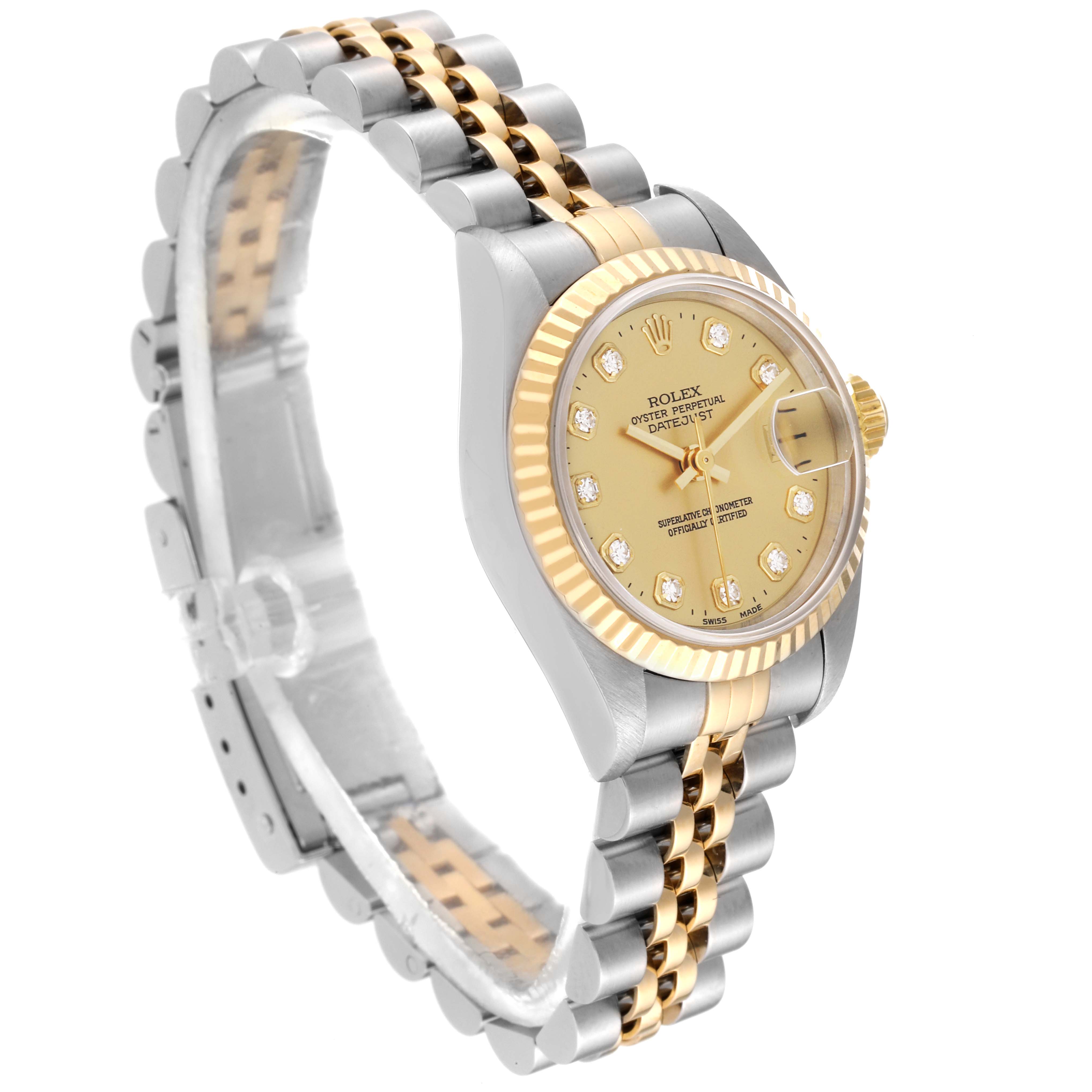The Rolex Datejust 69173 Women's Steel and Gold (two tone) Champagne Dial 69173 Women's Steel and Gold (two tone) Champagne Dial watch is shown from a front-side angle, highlighting its gold dial, bezel, and two-tone bracelet.