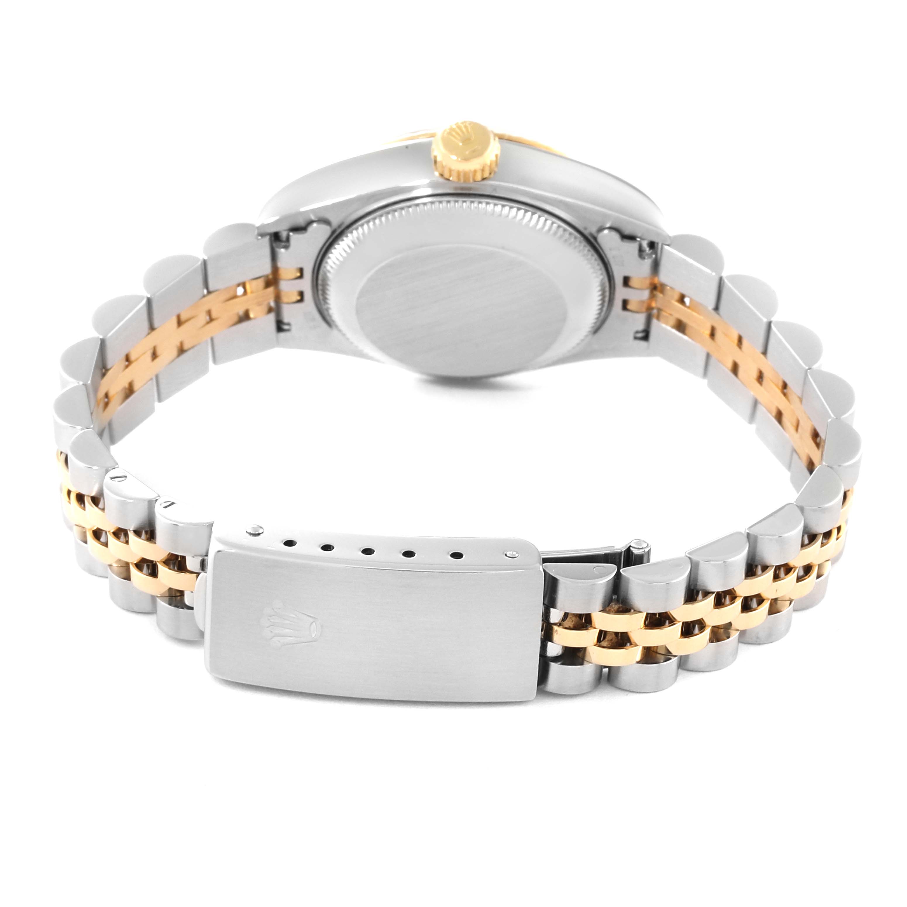 This image shows a Rolex Datejust 69173 Women's Steel and Gold (two tone) Champagne Dial 69173 Women's Steel and Gold (two tone) Champagne Dial watch from the back, including its case, crown, clasp, and two-tone bracelet.