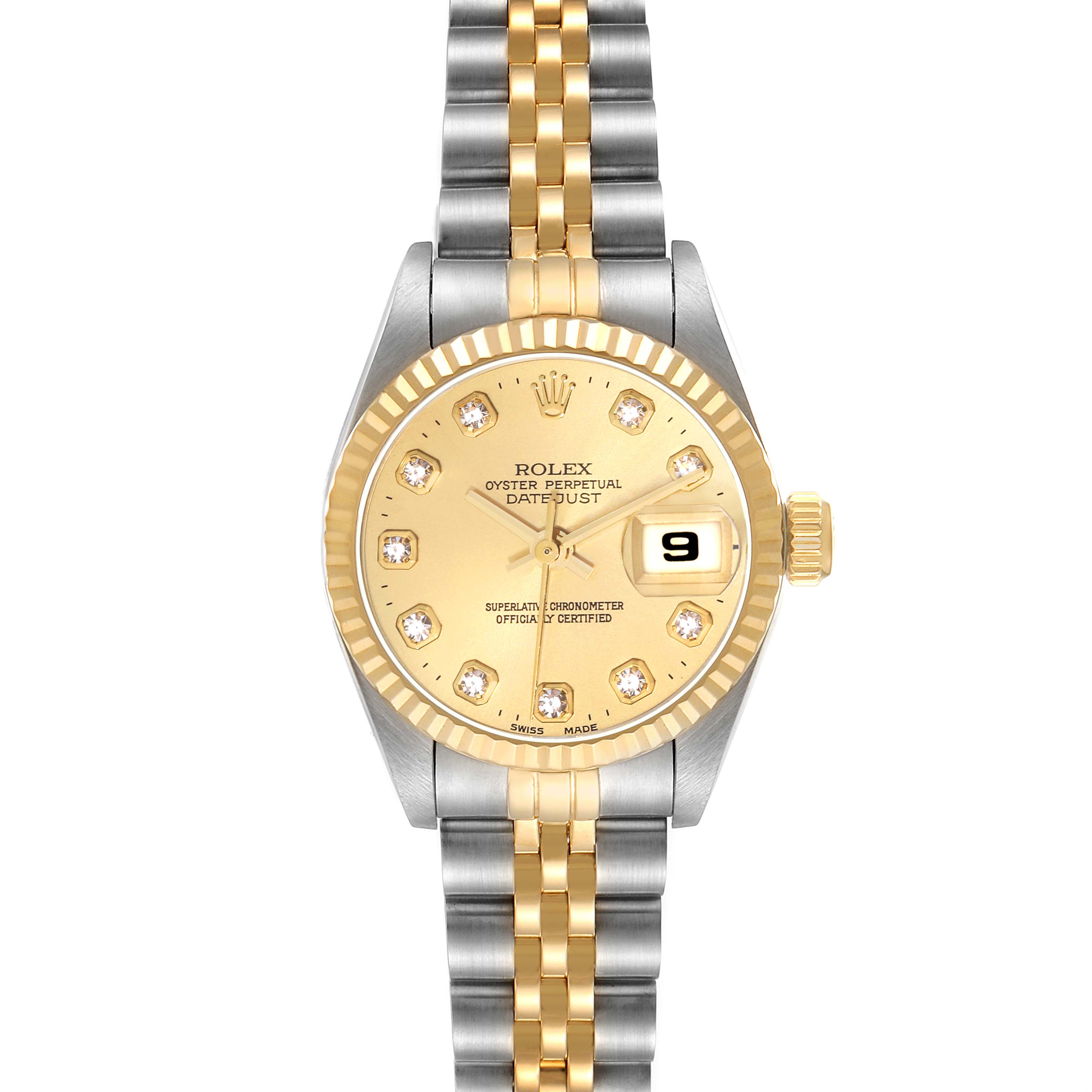 This image shows a frontal view of a Rolex Datejust 69173 Women's Steel and Gold (two tone) Champagne Dial 69173 Women's Steel and Gold (two tone) Champagne Dial watch, displaying its dial, bezel, and two-tone bracelet.