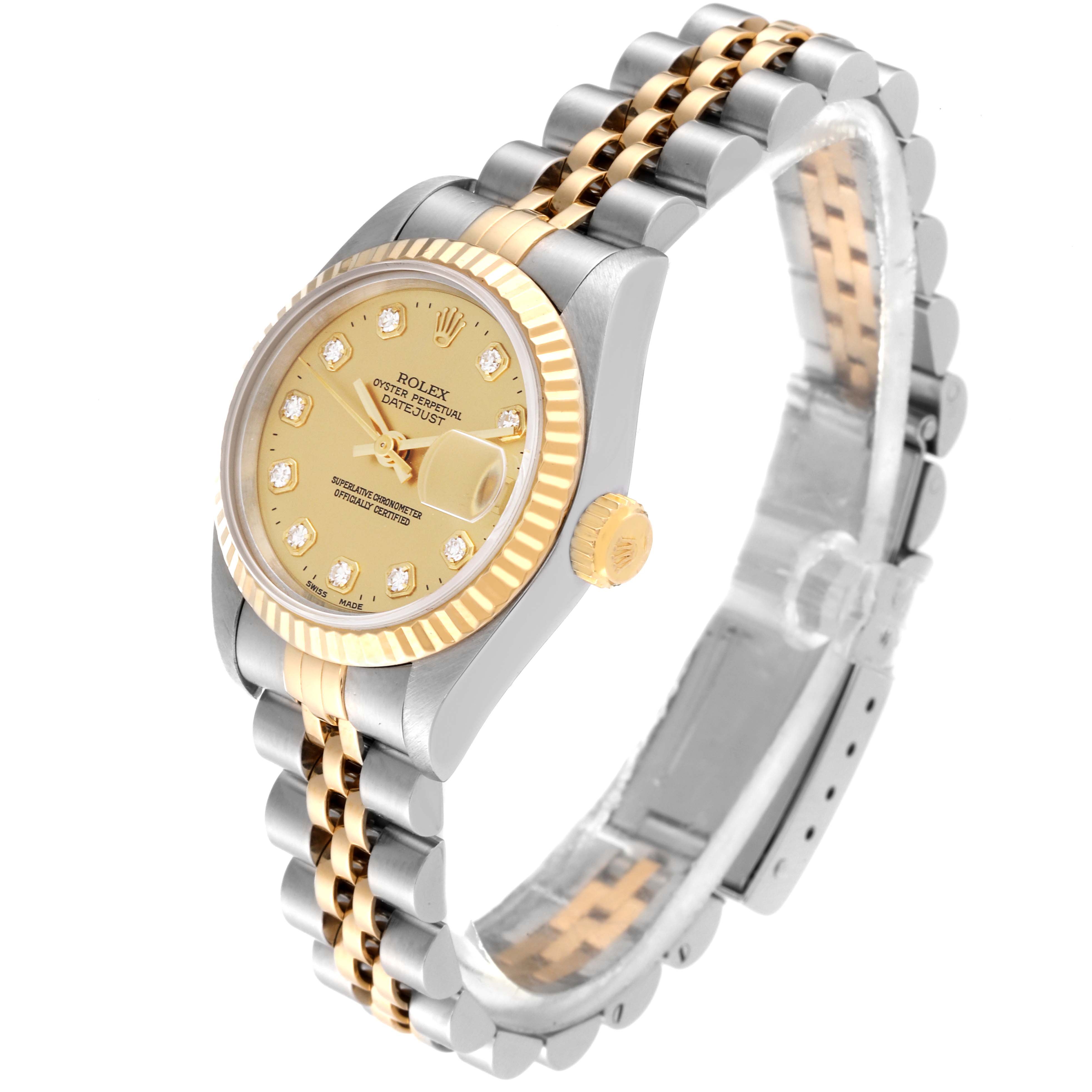 This Rolex Datejust 69173 Women's Steel and Gold (two tone) Champagne Dial 69173 Women's Steel and Gold (two tone) Champagne Dial watch is shown from an angled side view, highlighting its gold and silver bracelet, dial, and bezel.