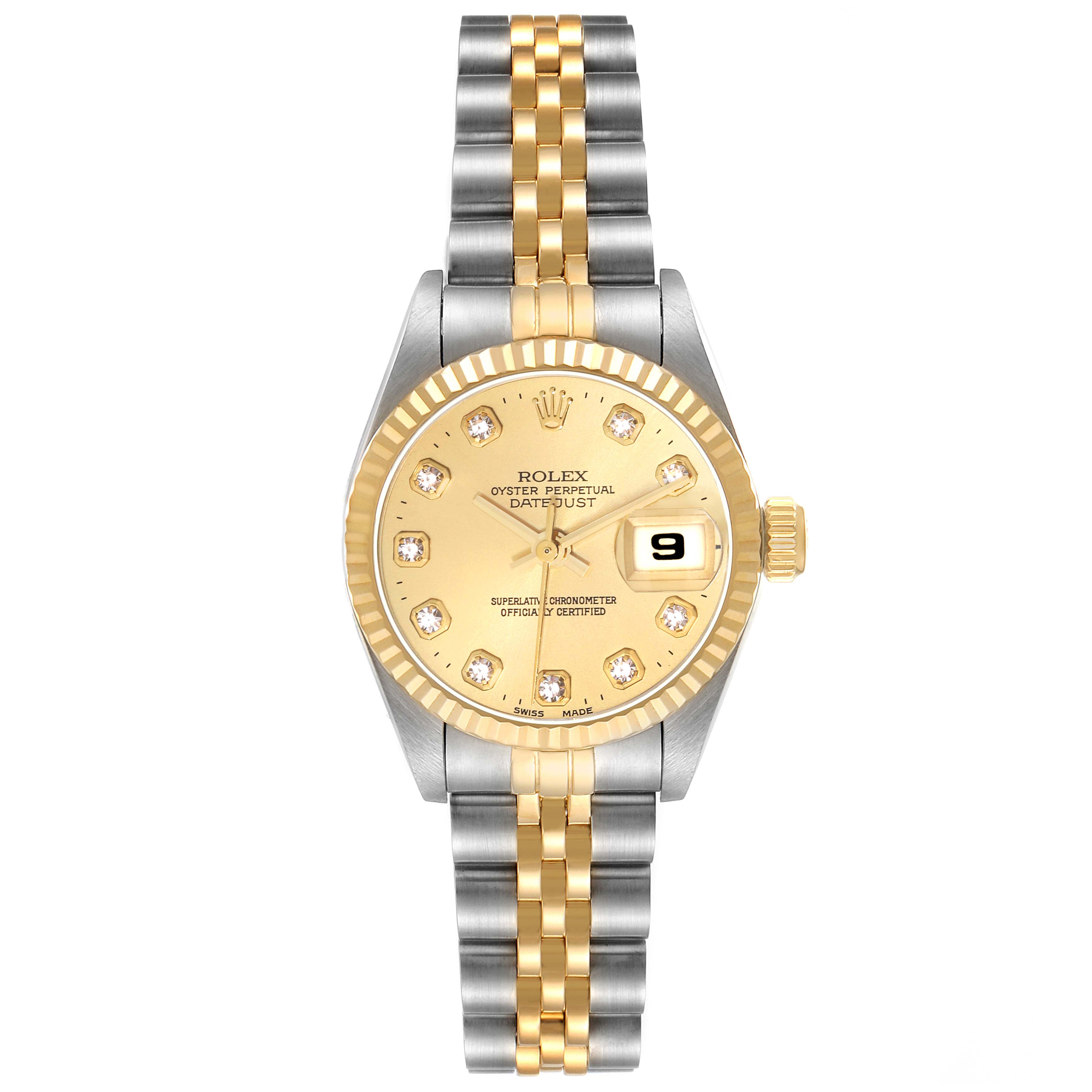 This image shows a front view of the Rolex Datejust 69173 Women's Steel and Gold (two tone) Champagne Dial 69173 Women's Steel and Gold (two tone) Champagne Dial watch, featuring a two-tone bracelet and a gold dial with diamond hour markers.