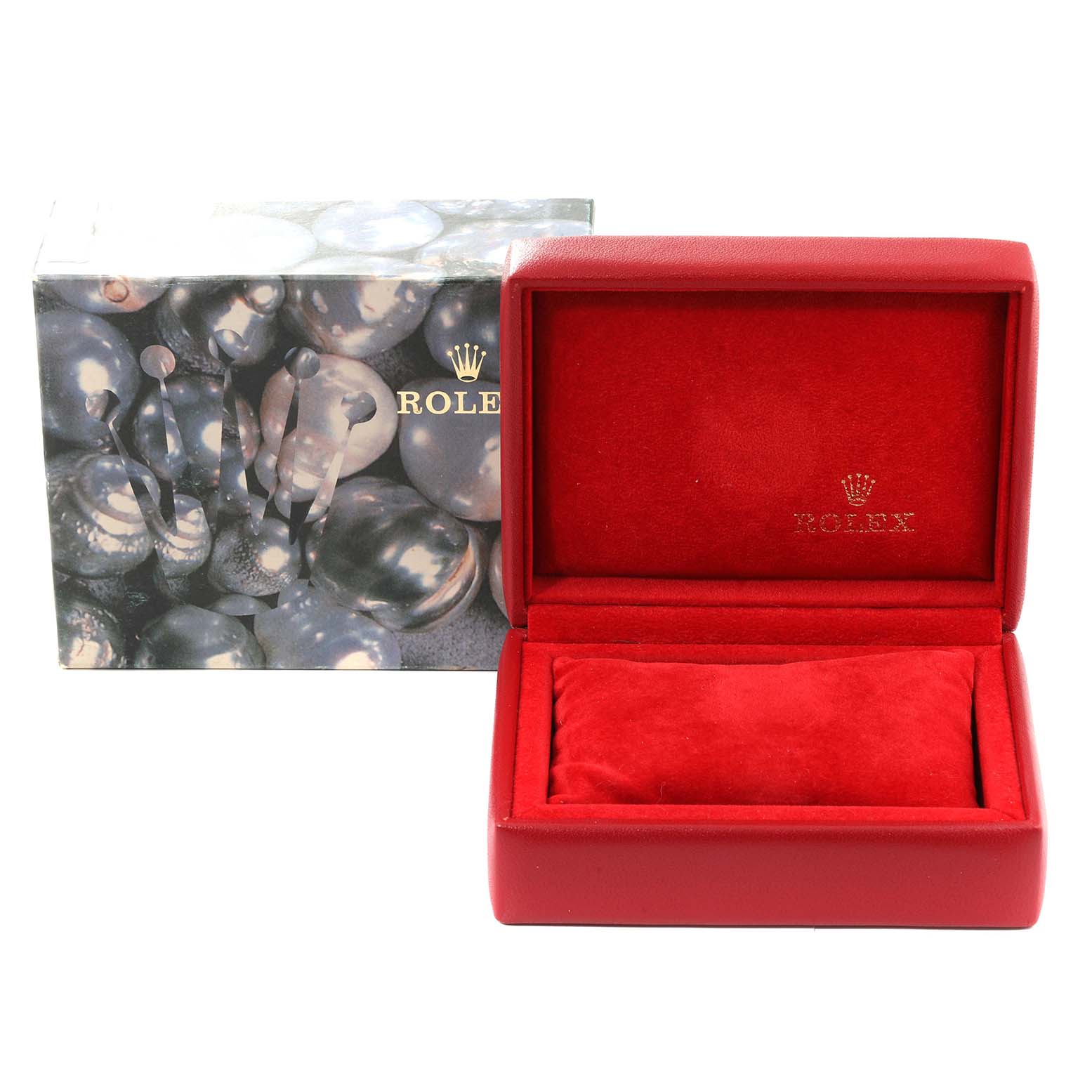 The image shows a Rolex Datejust 69173 Women's Steel and Gold (two tone) Champagne Dial 69173 Women's Steel and Gold (two tone) Champagne Dial watch box and packaging, including a red box with a logo and an outer decorative box.