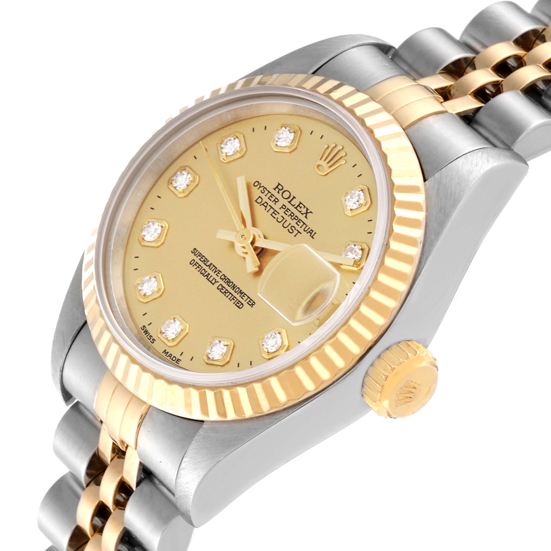 This angle showcases the face, bezel, crown, and part of the bracelet of the Rolex Datejust 69173 Women's Steel and Gold (two tone) Champagne Dial 69173 Women's Steel and Gold (two tone) Champagne Dial watch.