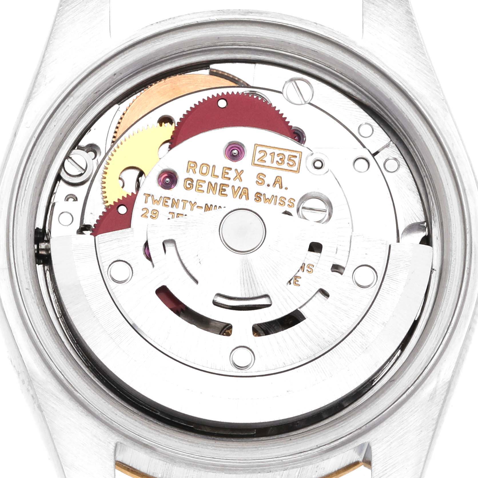 This image shows the internal mechanical movement from the back of a Rolex Datejust 69173 Women's Steel and Gold (two tone) Champagne Dial 69173 Women's Steel and Gold (two tone) Champagne Dial watch model.