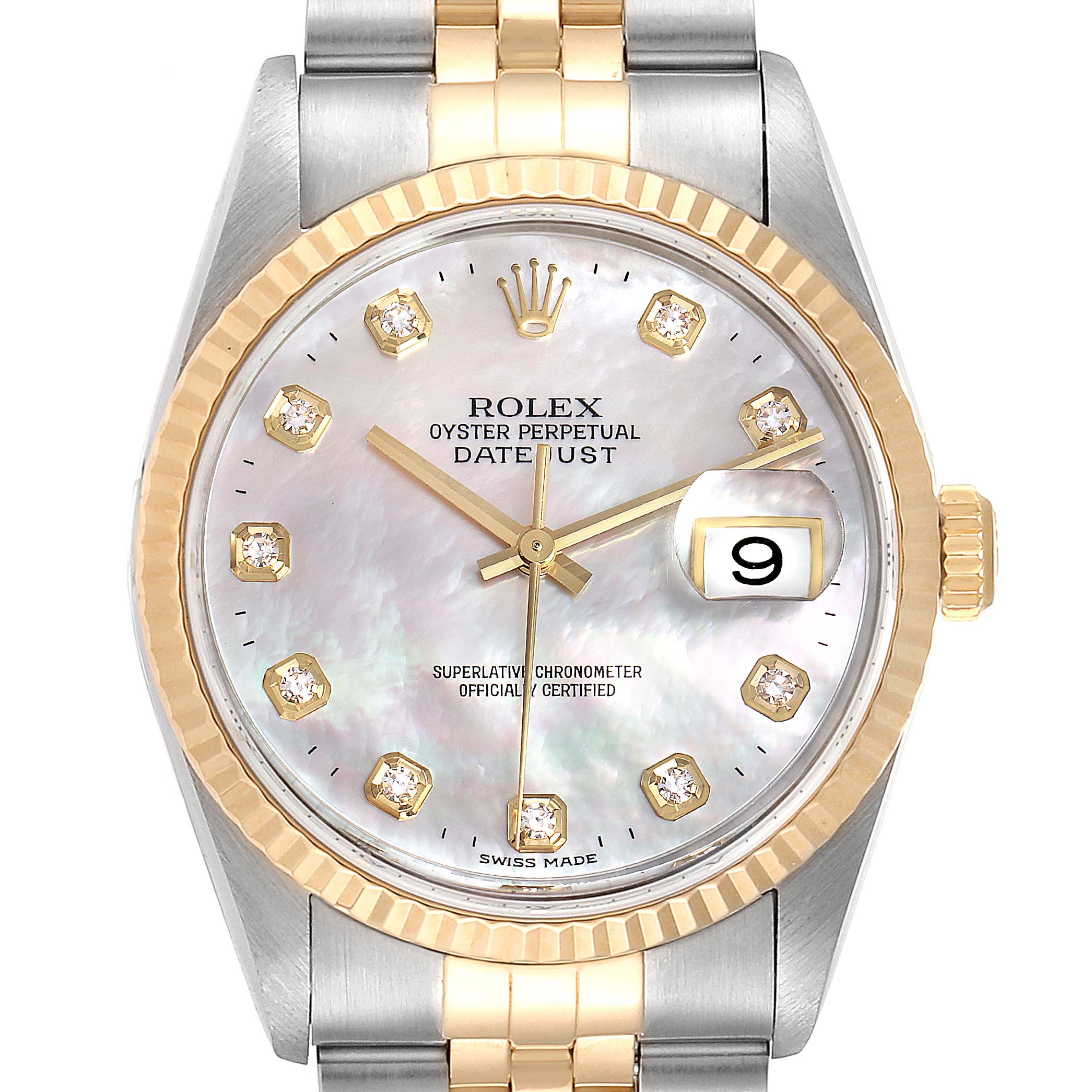The Rolex Datejust 16233 Men
s Steel and Gold (two tone) Mother of Pearl Dial 16233 Men
s Steel and Gold (two tone) Mother of Pearl Dial watch is shown from a front view, highlighting the dial, date display, hands, and bracelet.