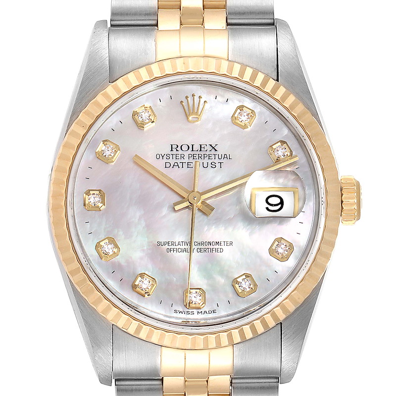 Rolex Datejust Steel Yellow Gold MOP Diamond Mens Watch 16233 Box Papers SwissWatchExpo